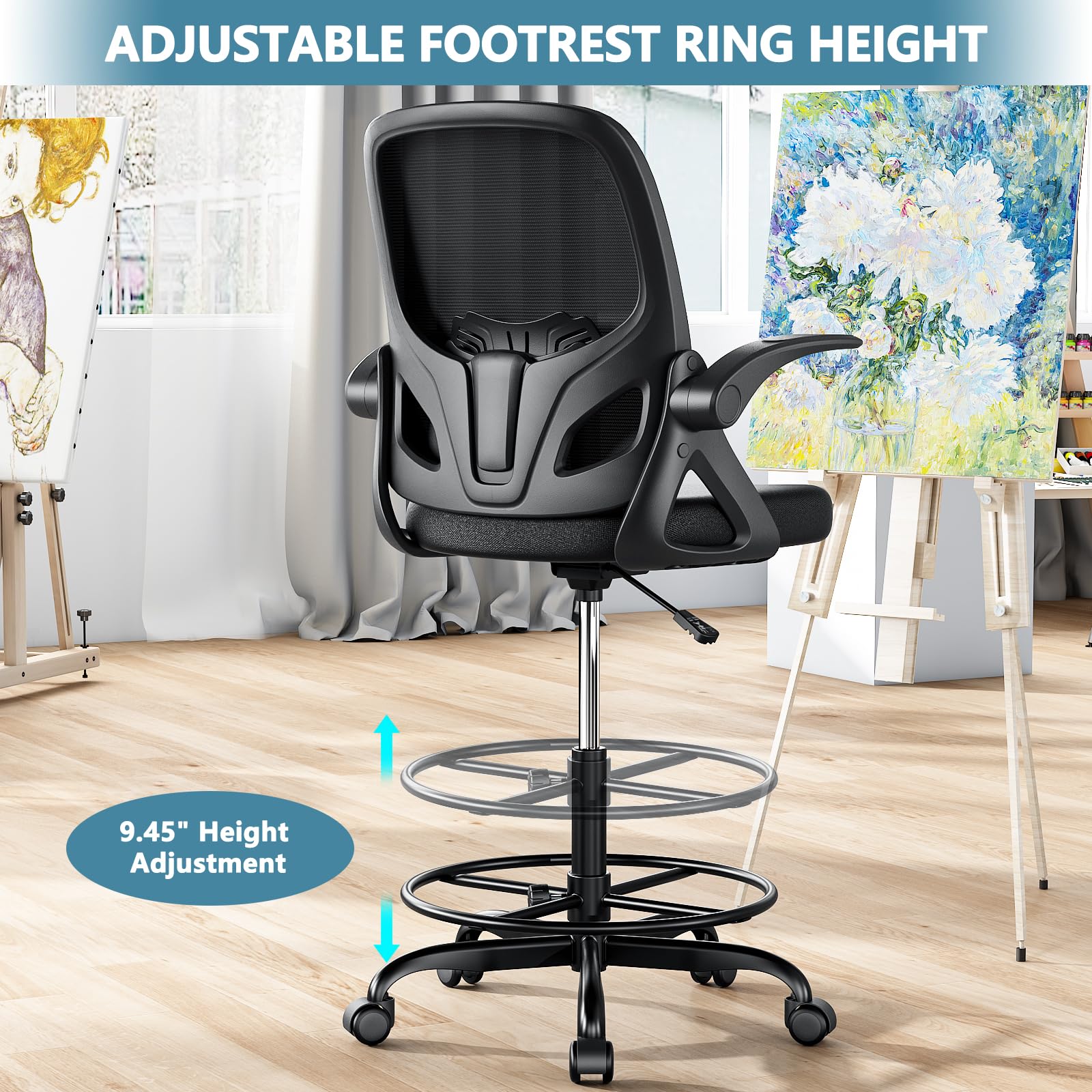 Ergonomic Tall Drafting Chair with Footrest Ring - Adjustable Height Office Chair with Flip-Up Arms & Lumbar Support for Home & Work (Black) - Perfect for Architects, Artists & Long Work Sessions at Standing Desks