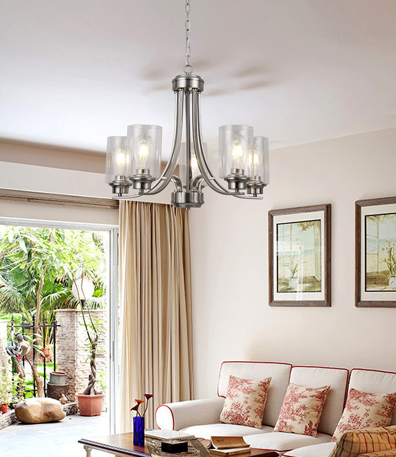 5-Light Clear Glass Modern Chandelier with Brushed Nickel Finish - Elegant Dining Room Ceiling Pendant Light for Foyer, Bedroom, Kitchen & Living Room | Perfect for Home Decor and Interior Lighting