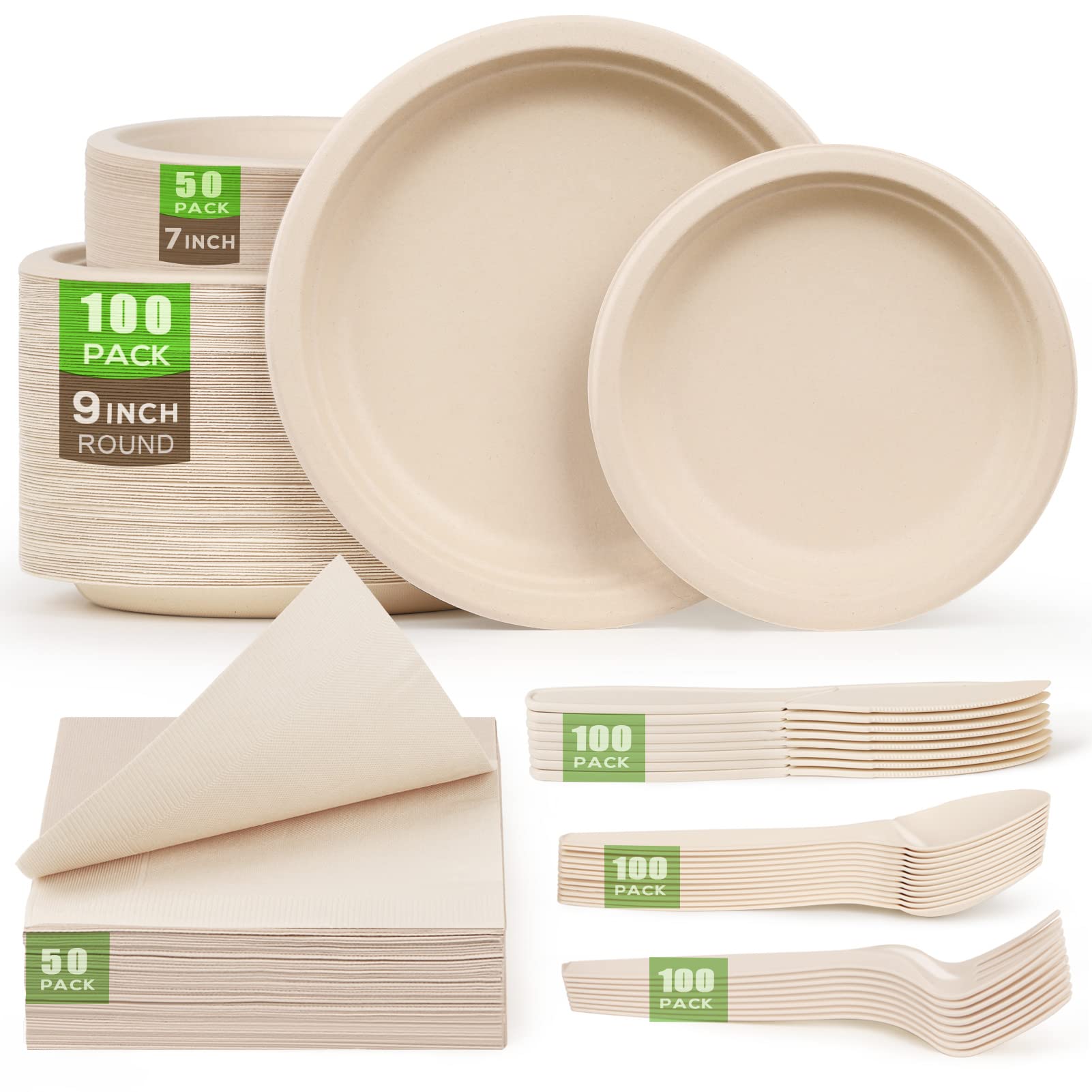 500-Piece Eco-Friendly Compostable Paper Plates Set - 100 Dinner Plates, 50 Dessert Plates, 50 Cocktail Napkins, 100 Forks, 100 Knives, 100 Spoons - Biodegradable Disposable Cutlery for Parties, Picnics & Events