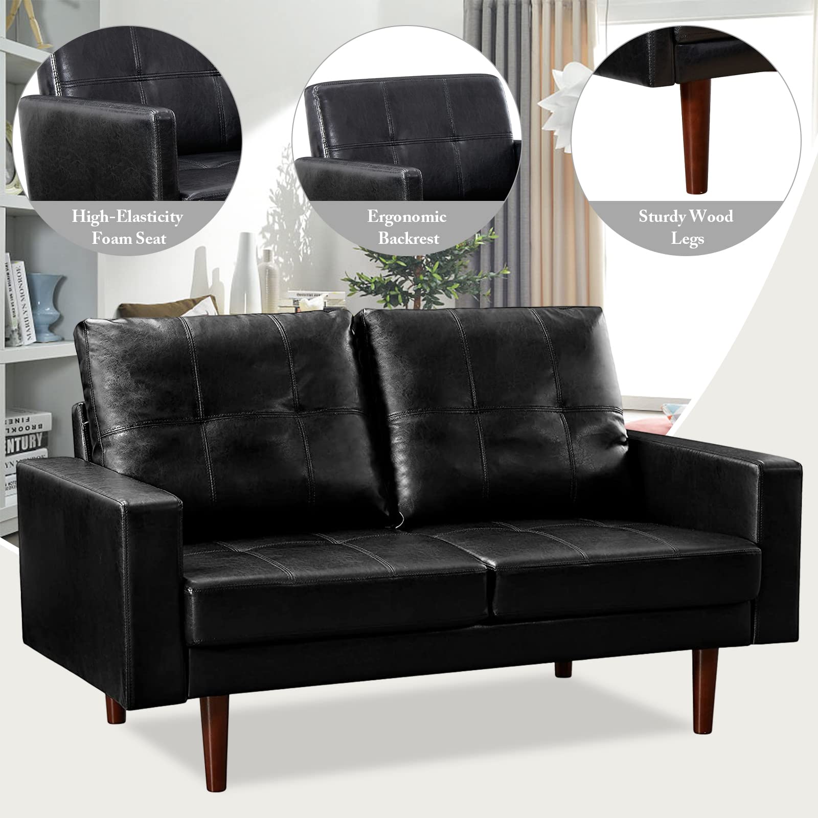 Modern PU Leather Loveseat Sofa with High-Density Foam Cushion & Solid Wood Legs - Comfortable Accent Love Seat for Living Room, Bedroom or Office - Perfect for Small Spaces, Reading Nook & Guest Seating (Black)