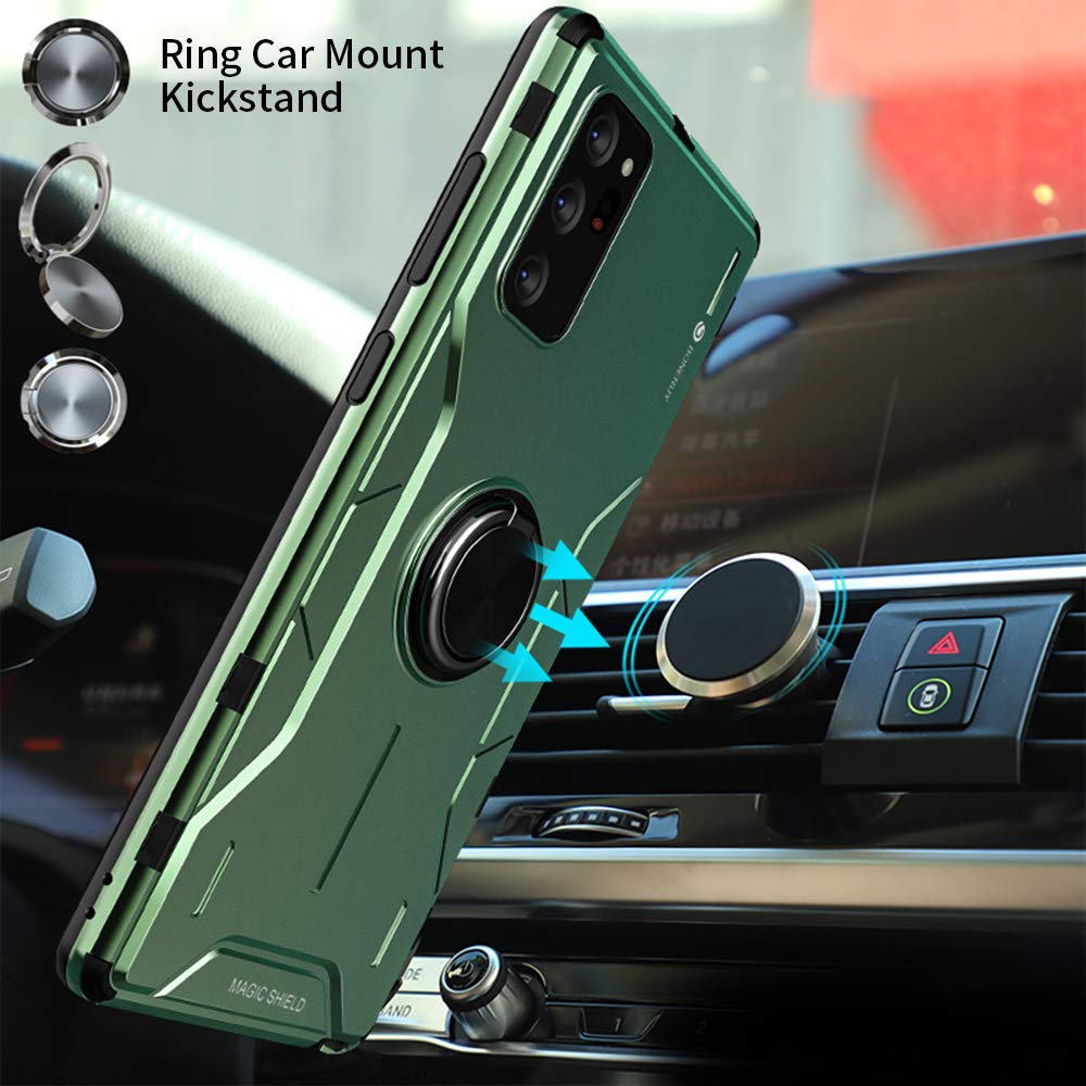 Jonwelsy Shockproof Case for Samsung Galaxy Note 20 Ultra - Soft Silicone & Aluminum Alloy Armor Cover with 360° Rotating Ring Holder, Kickstand & Magnetic Car Mount (Black) | Perfect for Daily Protection, Hands-Free Viewing & Secure Car Mounting
