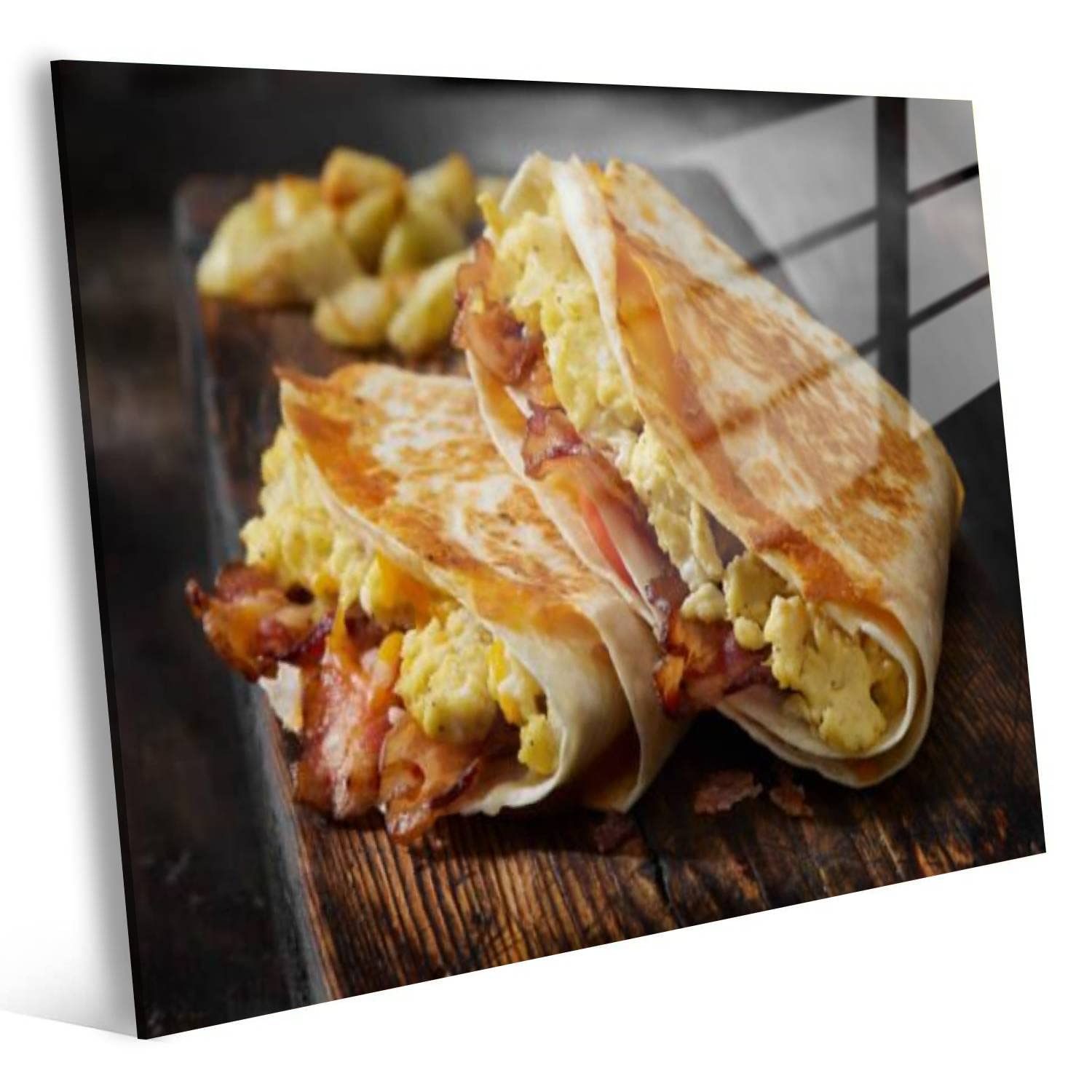 Scrambled Eggs Bacon Tomato Breakfast Tortilla Wrap | Modern Acrylic Glass Wall Art Prints for Living Room & Bedroom Decor | Home Interior Painting Posters