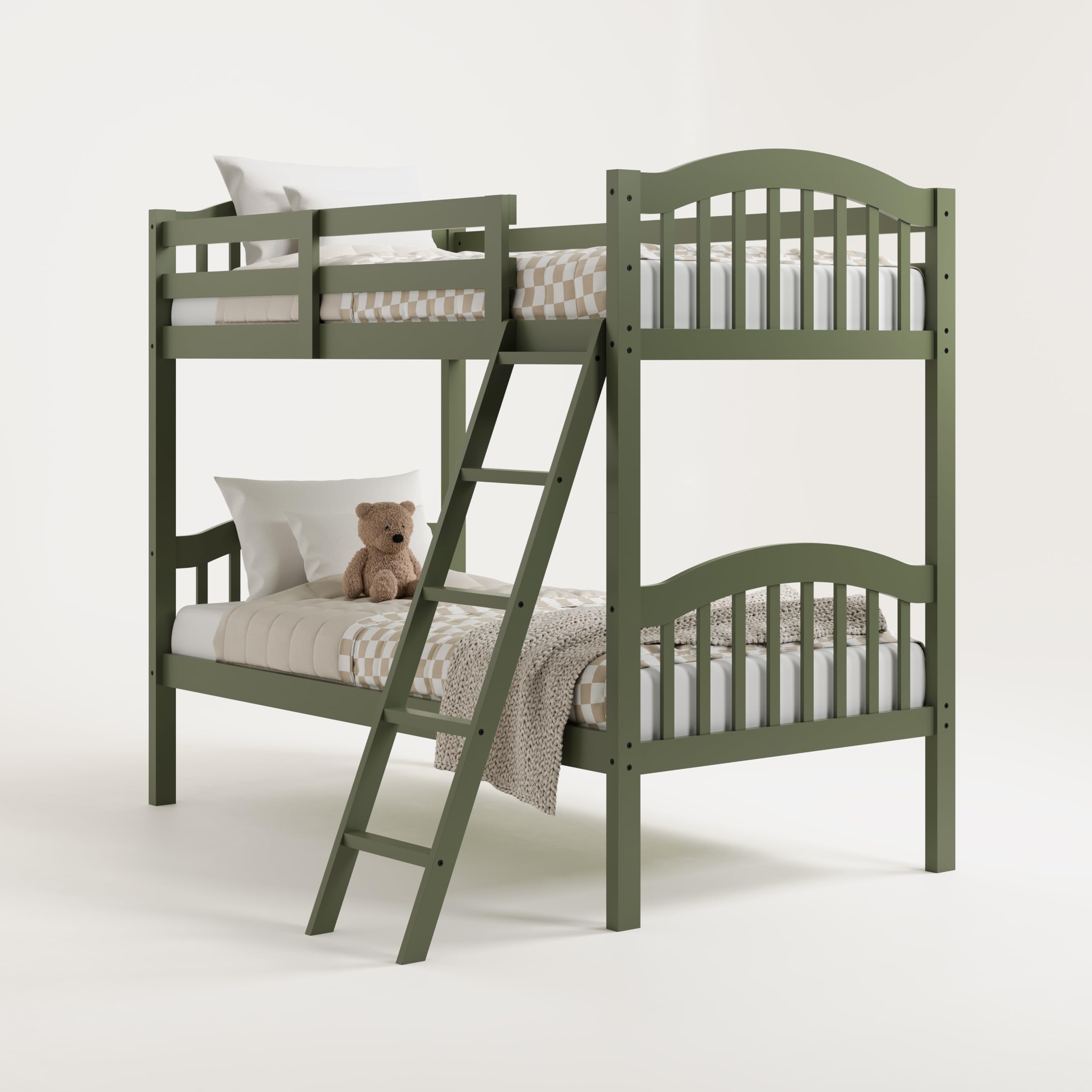 Storkcraft Long Horn Twin-Over-Twin Bunk Bed in Olive - GREENGUARD Gold Certified, Converts to 2 Separate Twin Beds, Sturdy Wood Slats, Space-Saving Kids Bunk Bed for Siblings or Sleepovers - Perfect for Small Bedrooms, Guest Rooms, and Kids' Shared Spaces