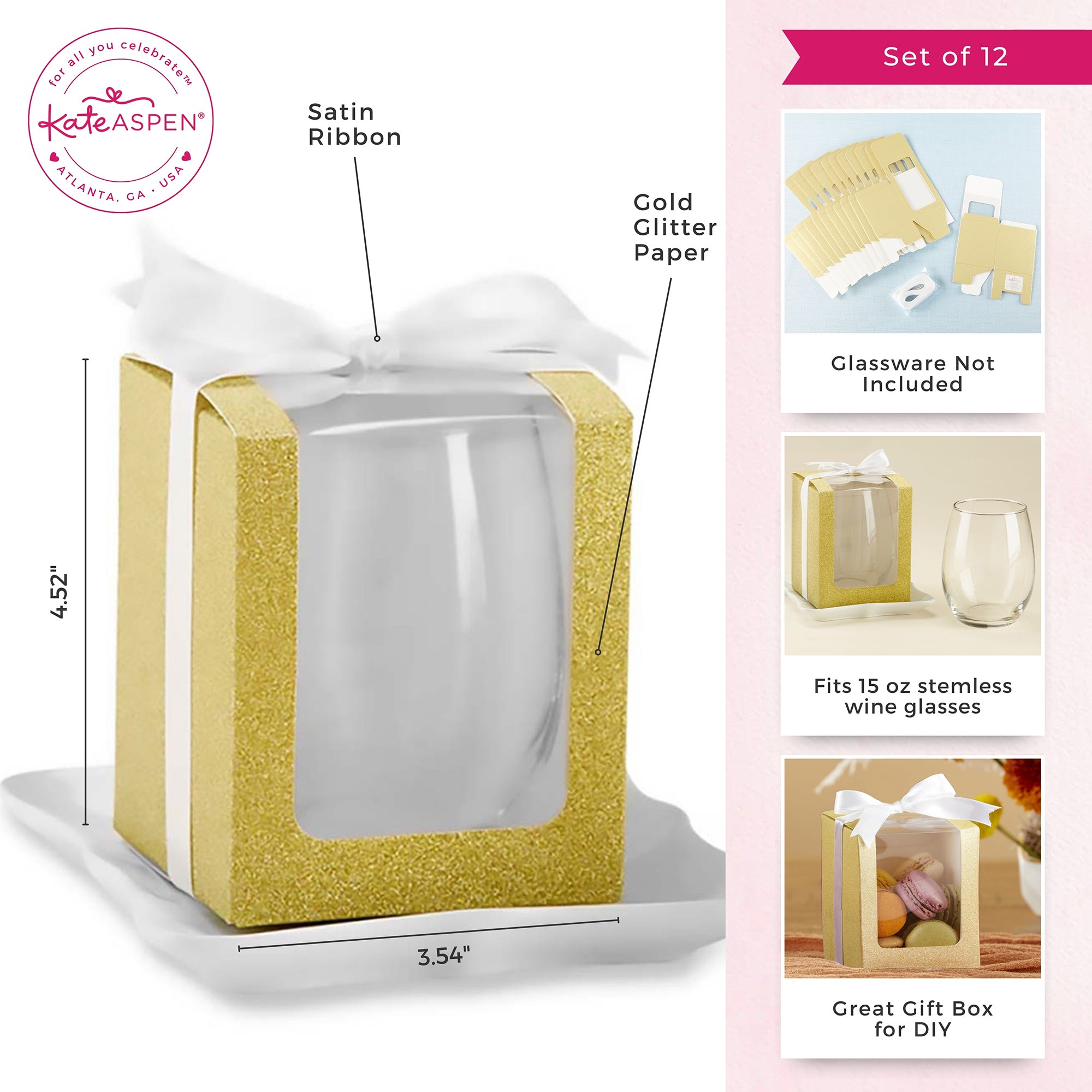 Premium 15 oz Gold Glassware Gift Box Set of 12 - Elegant Ribbon-Wrapped Drinking Glasses for Weddings, Parties & Special Occasions
