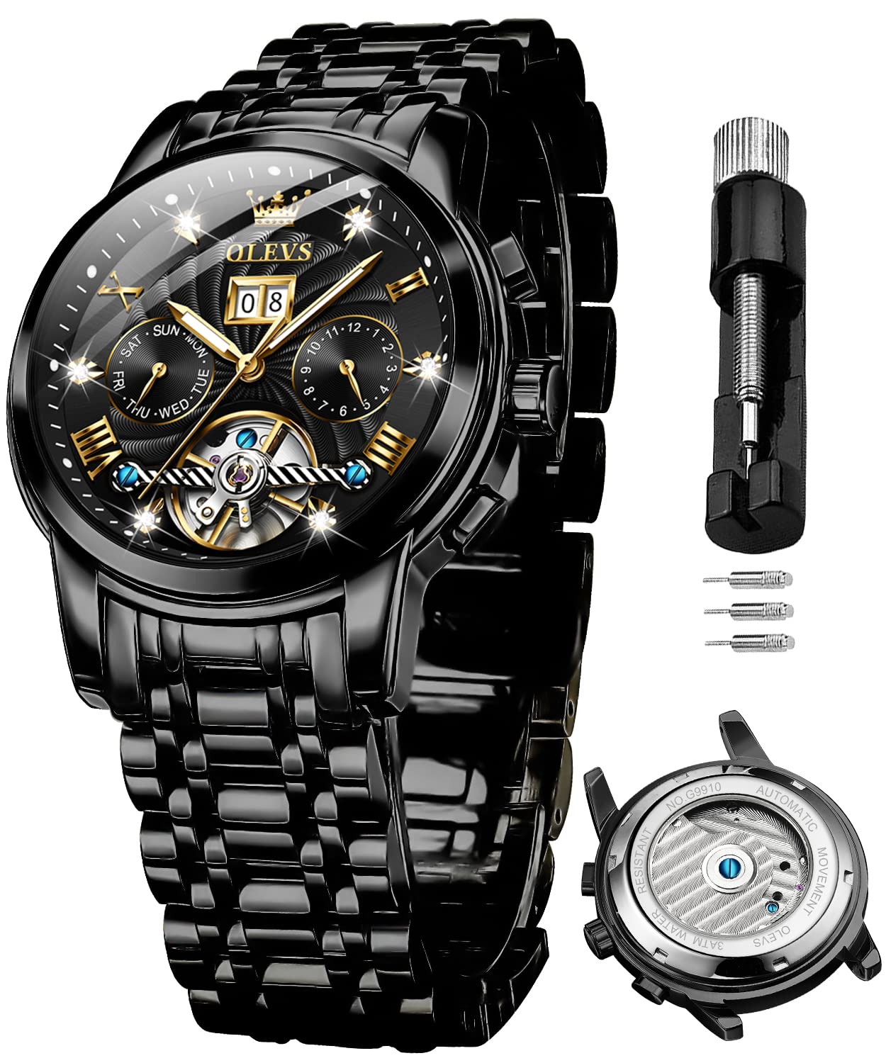 OLEVS Men's Automatic Mechanical Watch - Stainless Steel Skeleton Tourbillon, Self-Winding Luxury Business Dress Watch with Date Display, Diamond Accents, Waterproof & Luminous - Perfect for Formal Events, Business Meetings & Special Occasions
