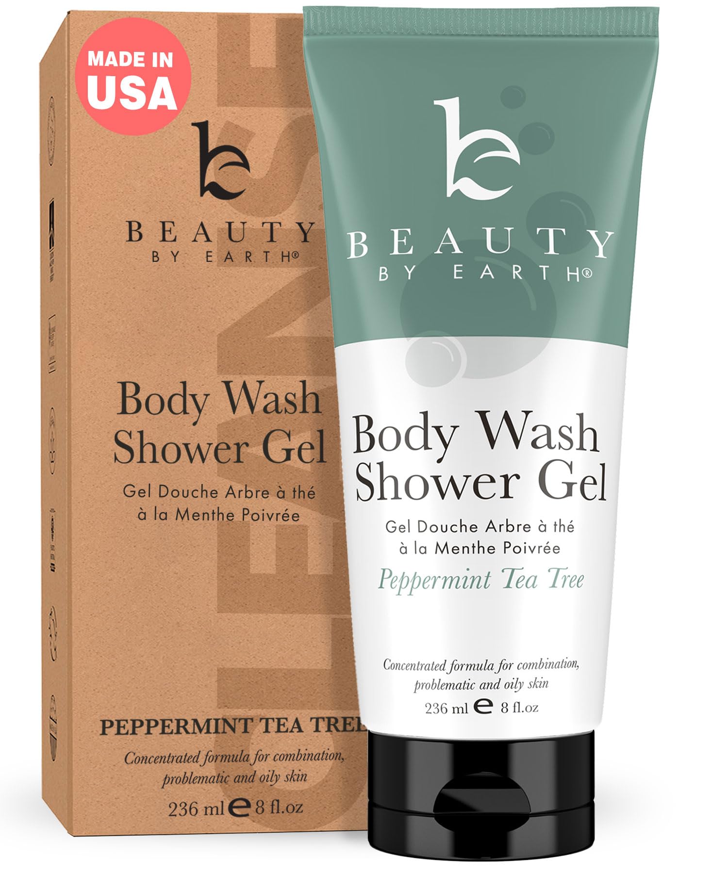 Organic Peppermint Tea Tree Oil Body Wash for Men & Women - Natural Moisturizing Shower Gel with USA-Made Ingredients, Non-Toxic Cleansing Gel - Perfect for Daily Use, Gym, and Spa Relaxation