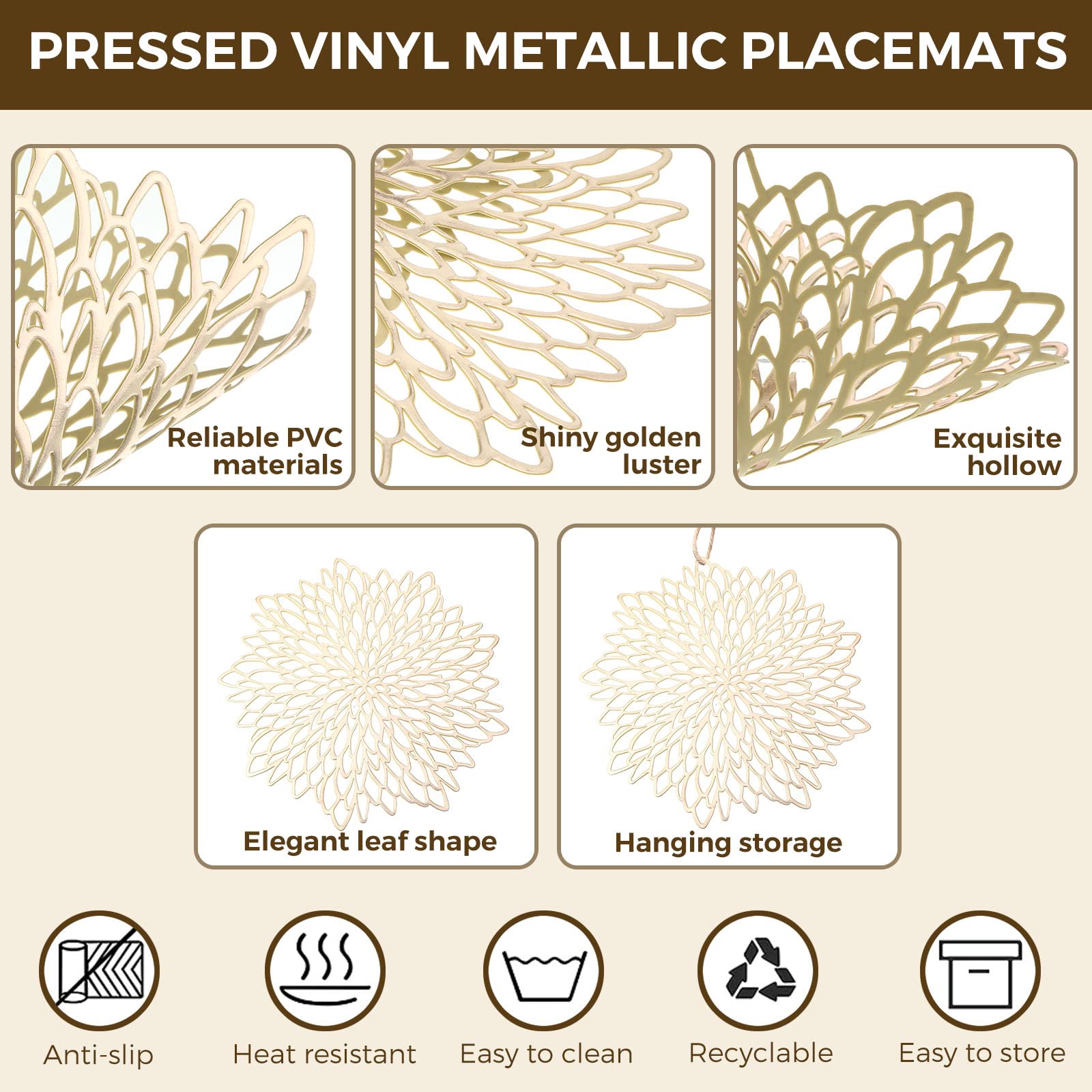 100-Piece Gold Round Pressed Vinyl Placemats Set - Metallic Hollow-Out Leaf & Flower Design - Elegant Table Mats for Wedding, Holiday Party, Reception - Durable & Decorative for Home, Kitchen, Dining Table (Perfect for Christmas, Thanksgiving & Special Occasions)