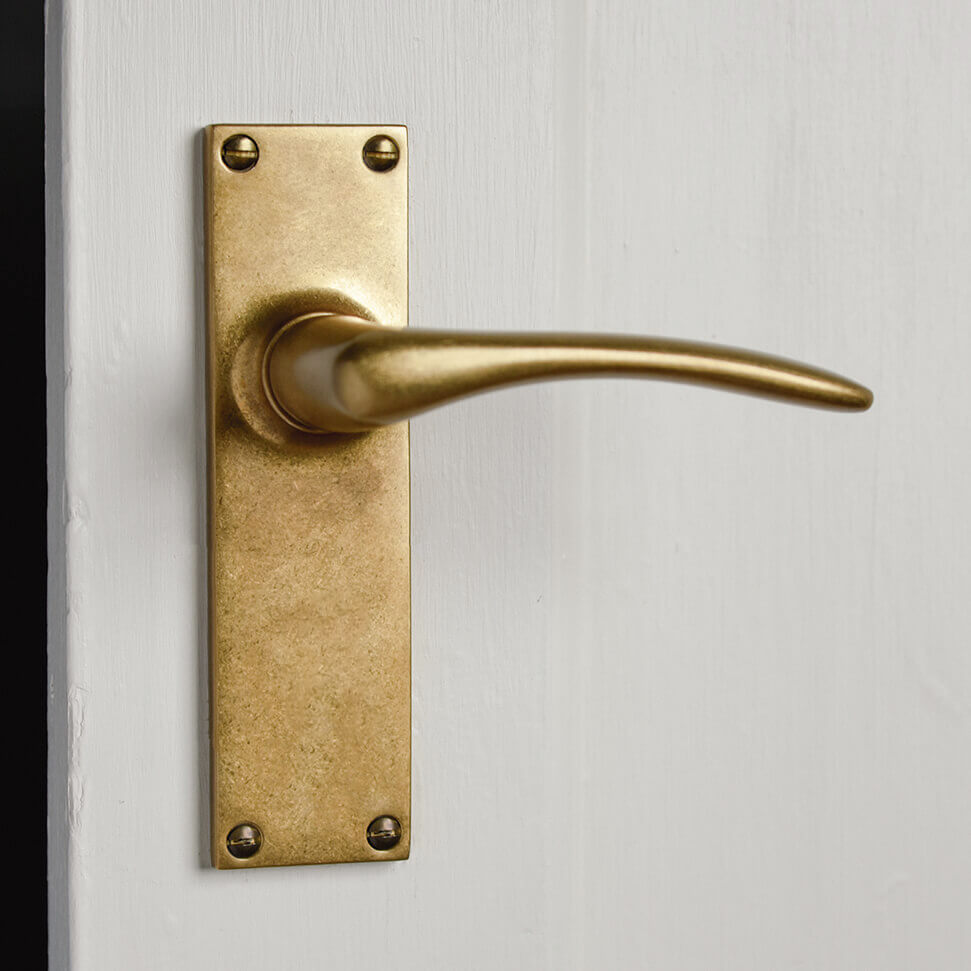Vintage Aged Brass Oak Lever Latch Door Handles - Classic Cabinet & Furniture Hardware for Home, Office, and Rustic Interior Design