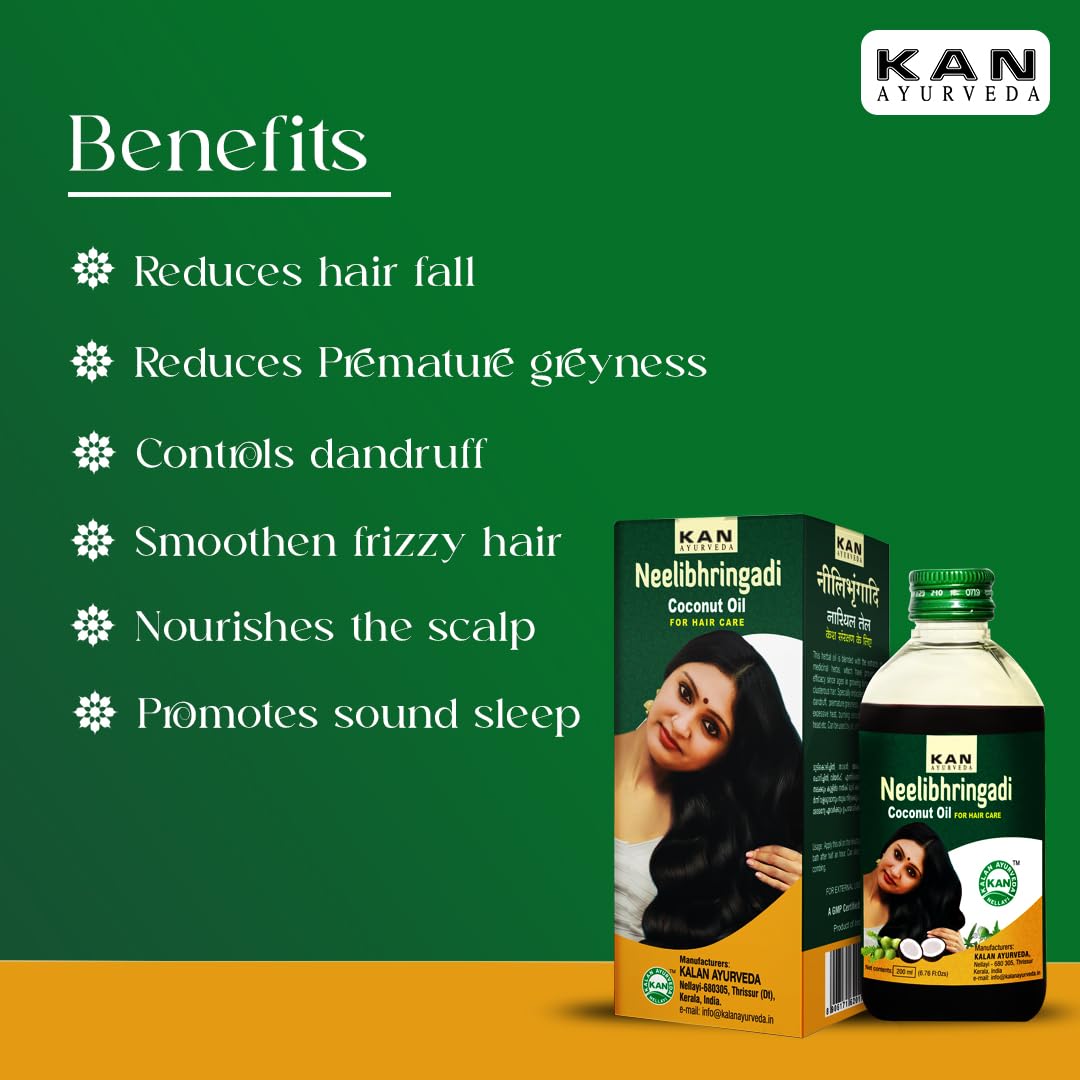 KAN AYURVEDA Neelibhringadi Coconut Hair Oil 200ml - Ayurvedic Hair Growth Treatment with Natural Ingredients from Kerala | Promotes Thicker, Longer & Healthier Hair | Perfect for Daily Hair Care, Scalp Massage & Ayurvedic Hair Therapy