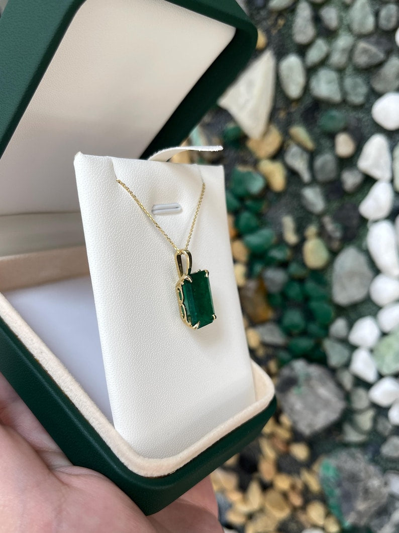 6.09ct 14K Gold Large Deep Forest Green Emerald Cut Solitaire Pendant with Floral Four-Prong Basket Setting - Perfect for Weddings, Anniversaries & Special Occasions