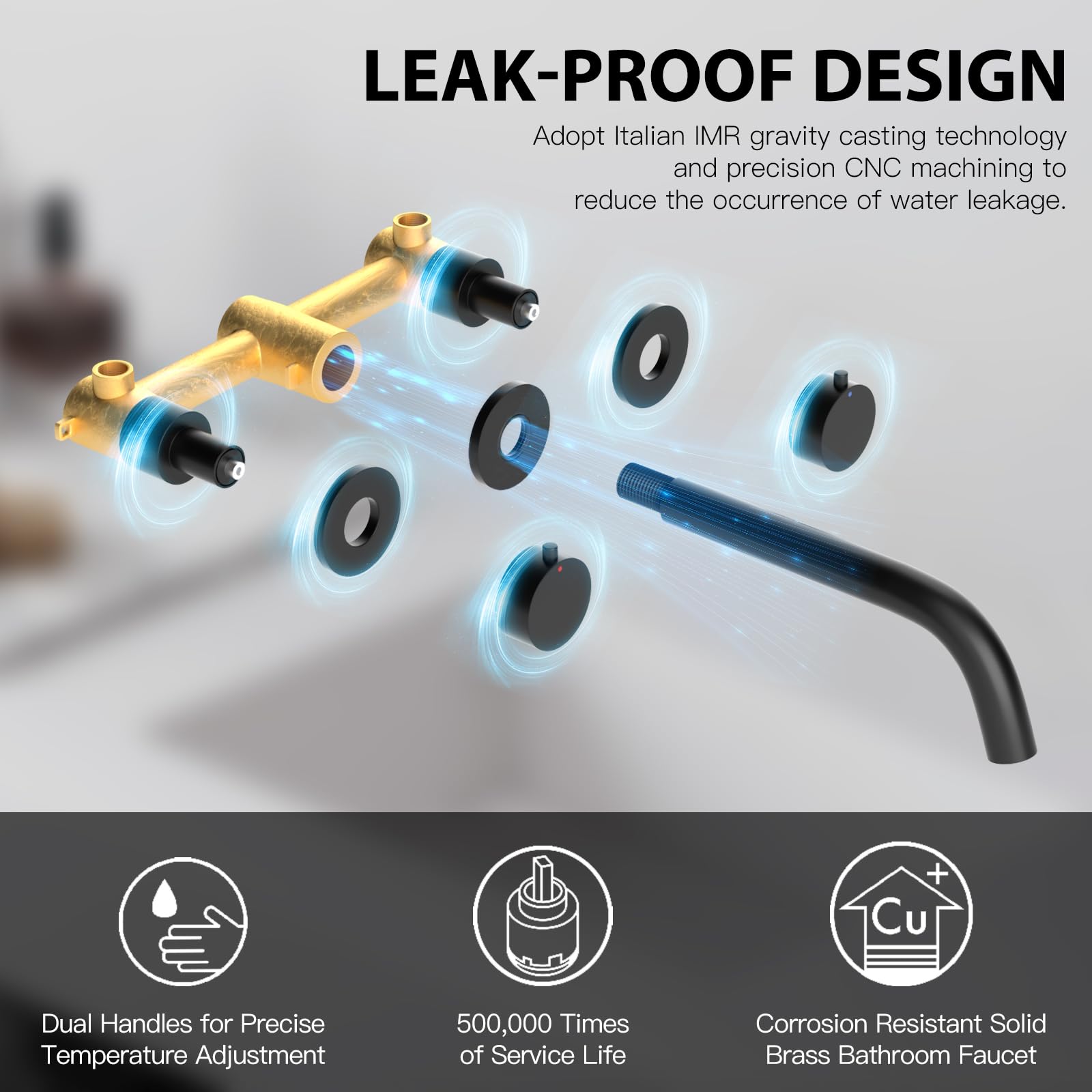 Black Wall Mount Faucet - Double Handle 3 Hole Bathroom Sink Faucet with Rough-in Valve - Perfect for Modern Lavatory Basins and Tub Installations