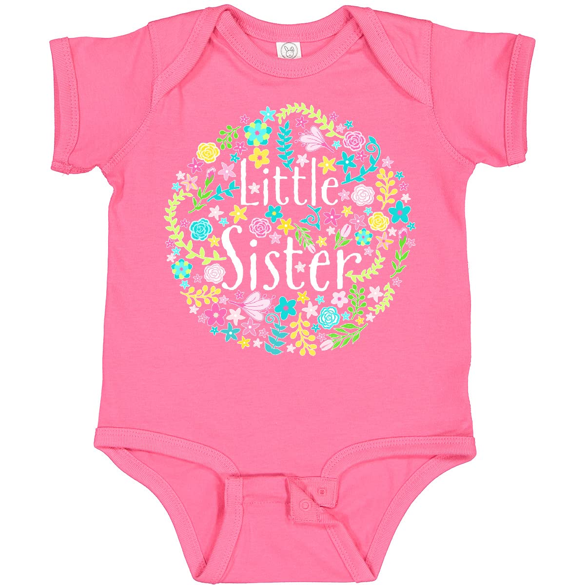 Inktastic Little Sister with Flower Circle Baby Bodysuit - Cute Floral Printed Infant Onesie for Newborn Girls | Perfect for Family Photos, Baby Showers & Everyday Wear