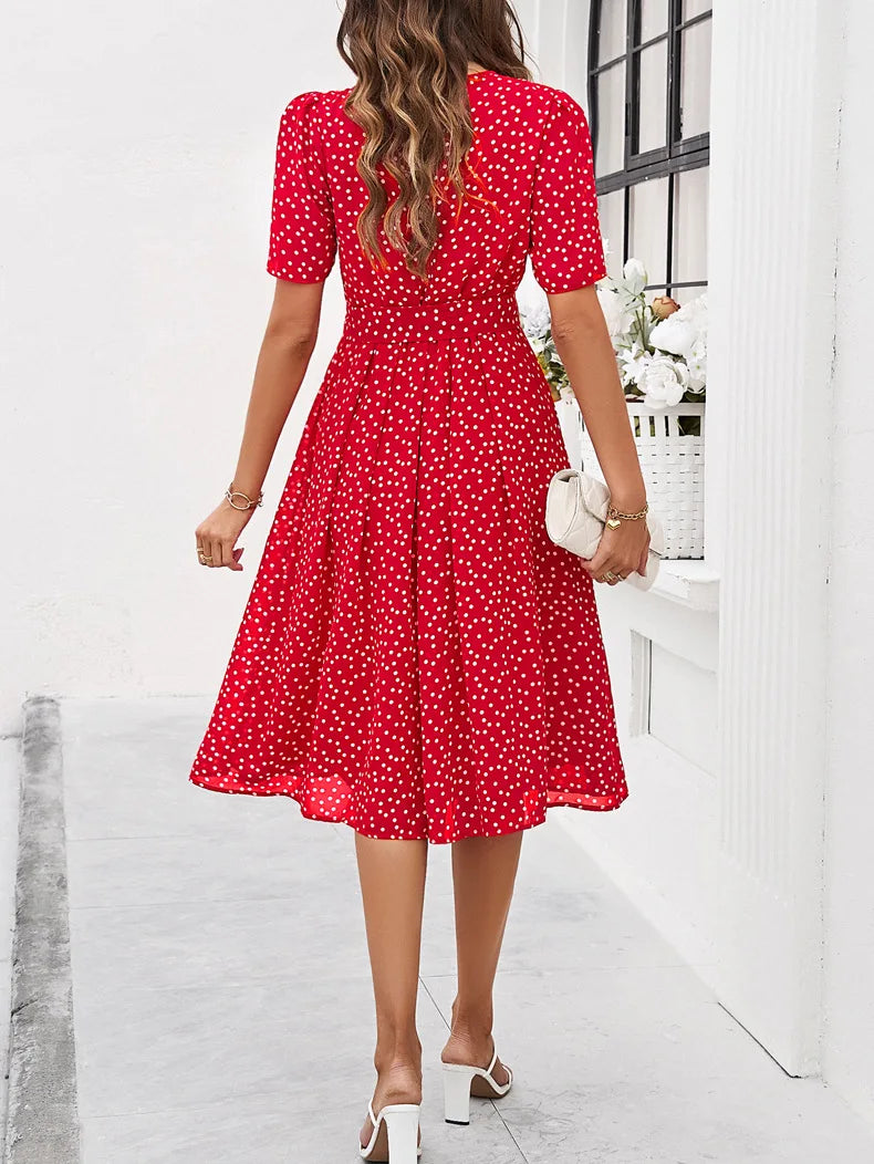 Elegant Women's Lace-Up Polo Dress - Short Sleeve Casual Dot Print Dress for Office & Summer 2024 | Perfect for Workwear, Business Casual & Spring Outfits