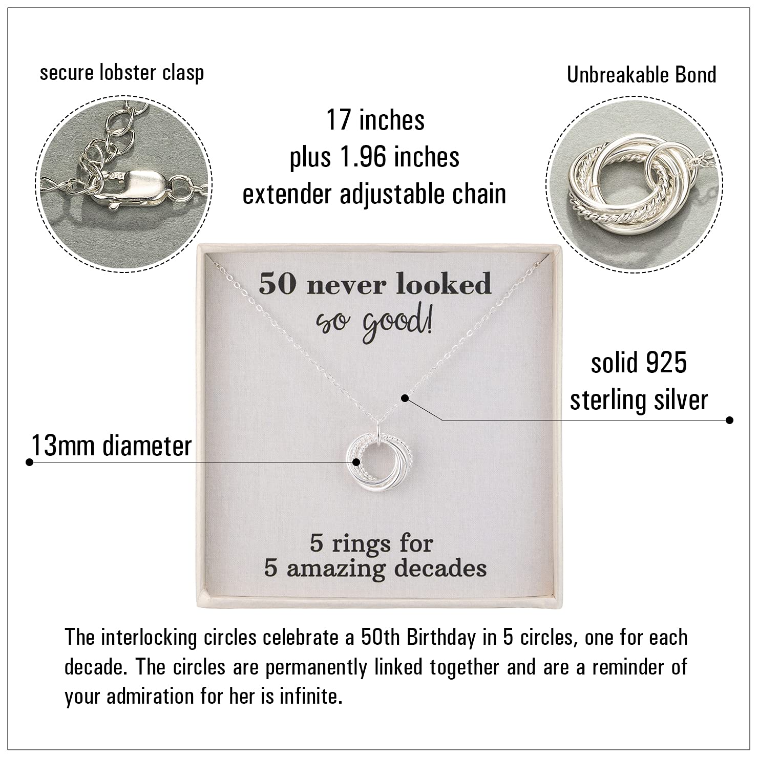 RareLove 50th Birthday Gifts for Women - 925 Sterling Silver 5 Rings Necklace for 50th Birthday, Anniversary & Special Occasions | Elegant Jewelry Gift for Wife, Mom & Loved Ones | Perfect for Celebrating Five Decades of Life