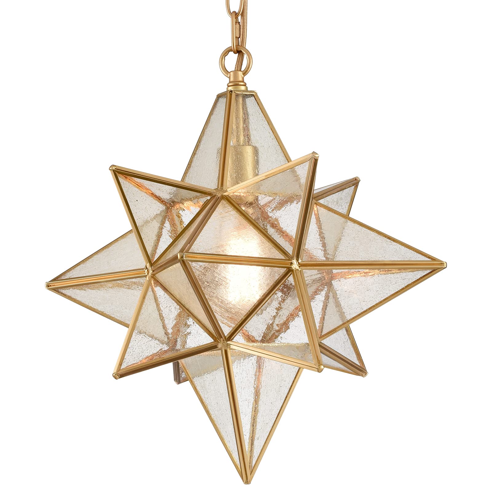 16 Inch Gold Moravian Star Pendant Light with Seeded Glass Shade - Vintage Hanging Fixture for Dining Room, Kitchen Island & Bedroom Lighting