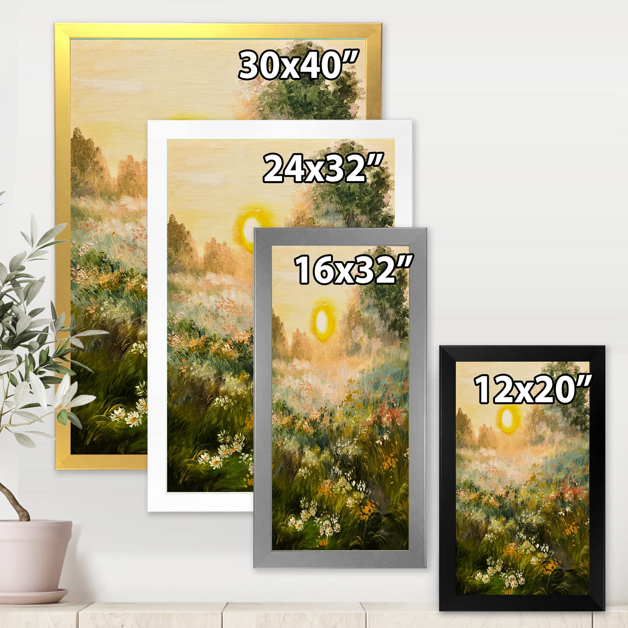 Sunrise In The Blossoming Field - Farmhouse Framed Wall Art Decor for Living Room, Bedroom & Office - Rustic Landscape Painting for Home & Office Interior Design
