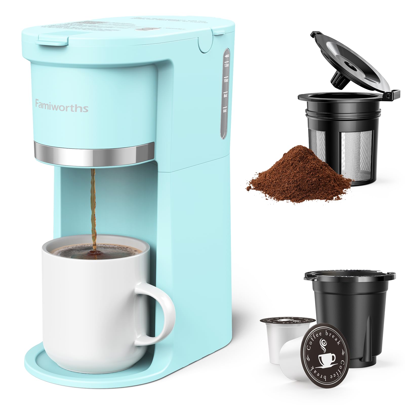 Famiworths Mini Single Serve Coffee Maker for K-Cup & Ground Coffee - 6 to 12 Oz Brew Sizes, Compact Capsule Coffee Machine with Water Window & Descaling Reminder - Perfect for Home, Office, Dorm & Travel (Teal Green)