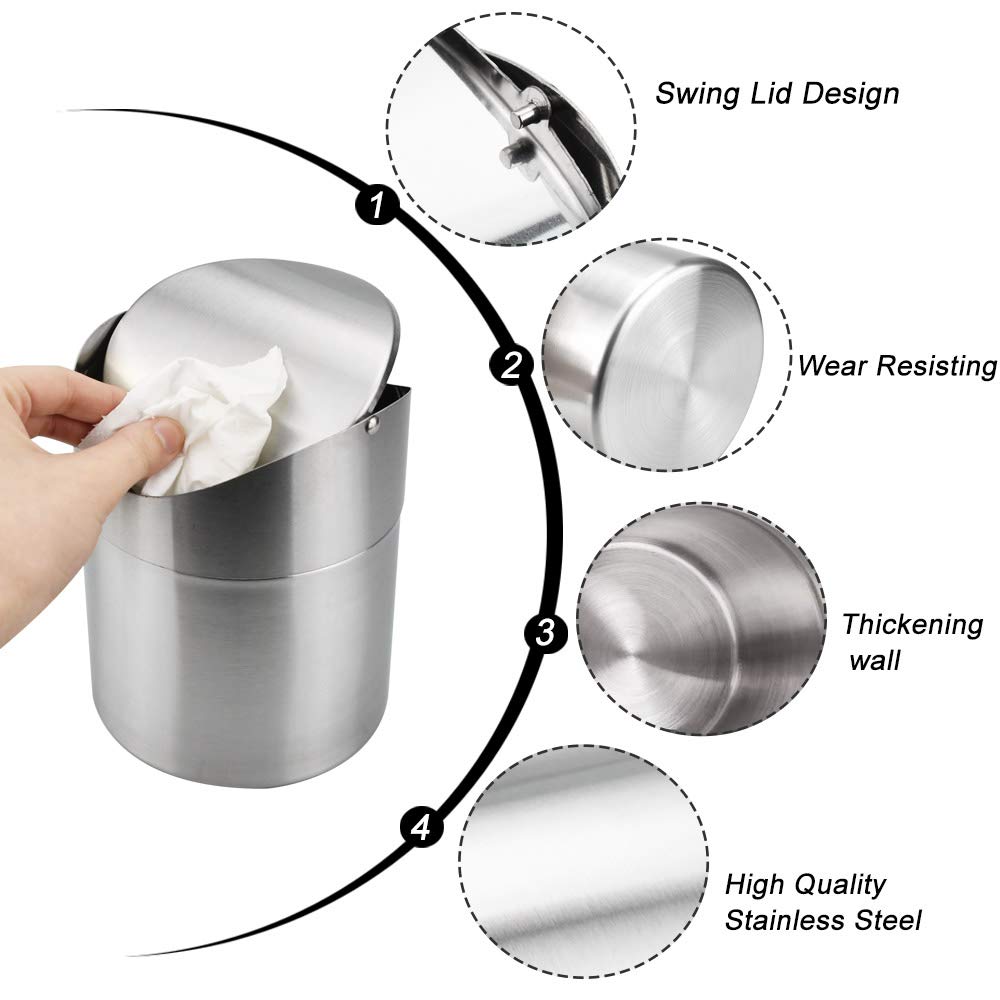 CODIRATO Small Trash Can with Lid - 1.5L Mini Desktop Waste Bin for Office, Bathroom, Kitchen & Home Use - Compact 12x12x16.5cm Dustbin for Desk, Countertop & Small Spaces - Perfect for Paper Waste, Snack Wrappers & Daily Trash Disposal