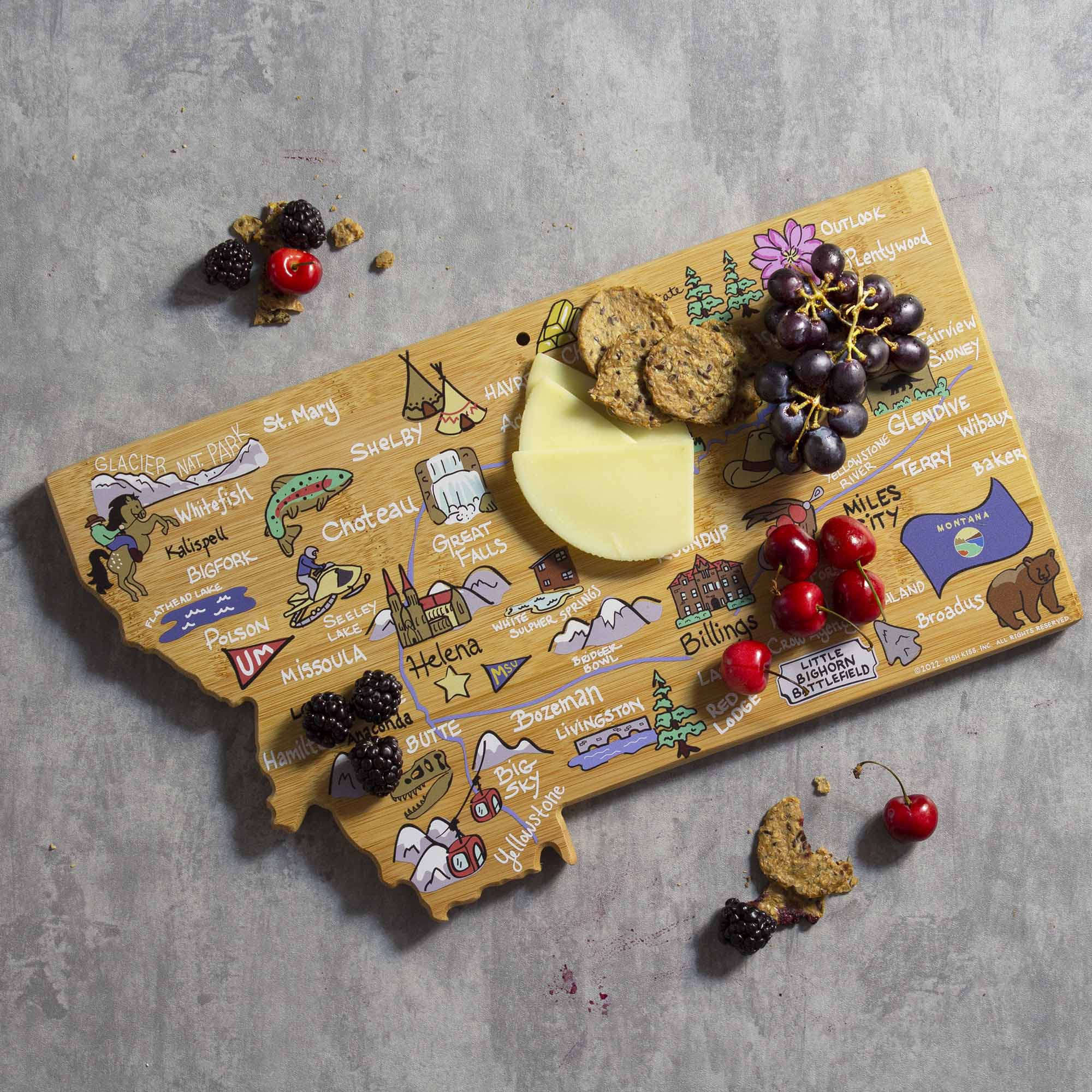 Premium Montana Wood Cutting Board with Fish Kiss™ Artwork - Durable Kitchen Essential for Chopping, Serving & Decor