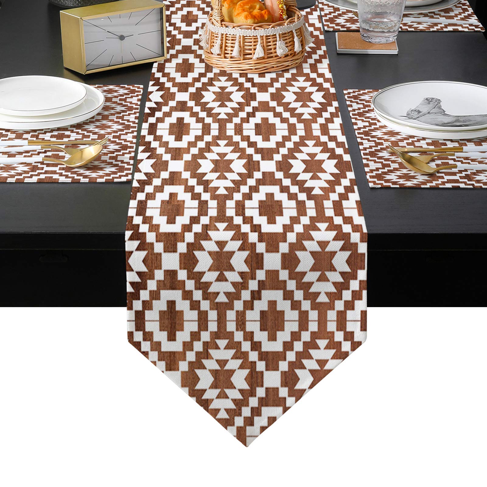 Vintage Table Runner Set - 6 Piece Non-Slip Placemats & Decorative Runner for Coffee Table, Kitchen, TV Stand (13x90 Inch) - Abstract Aztec Geometric Mosaic Pattern - Perfect for Boho Home Decor, Dining Room Accent & Holiday Table Settings