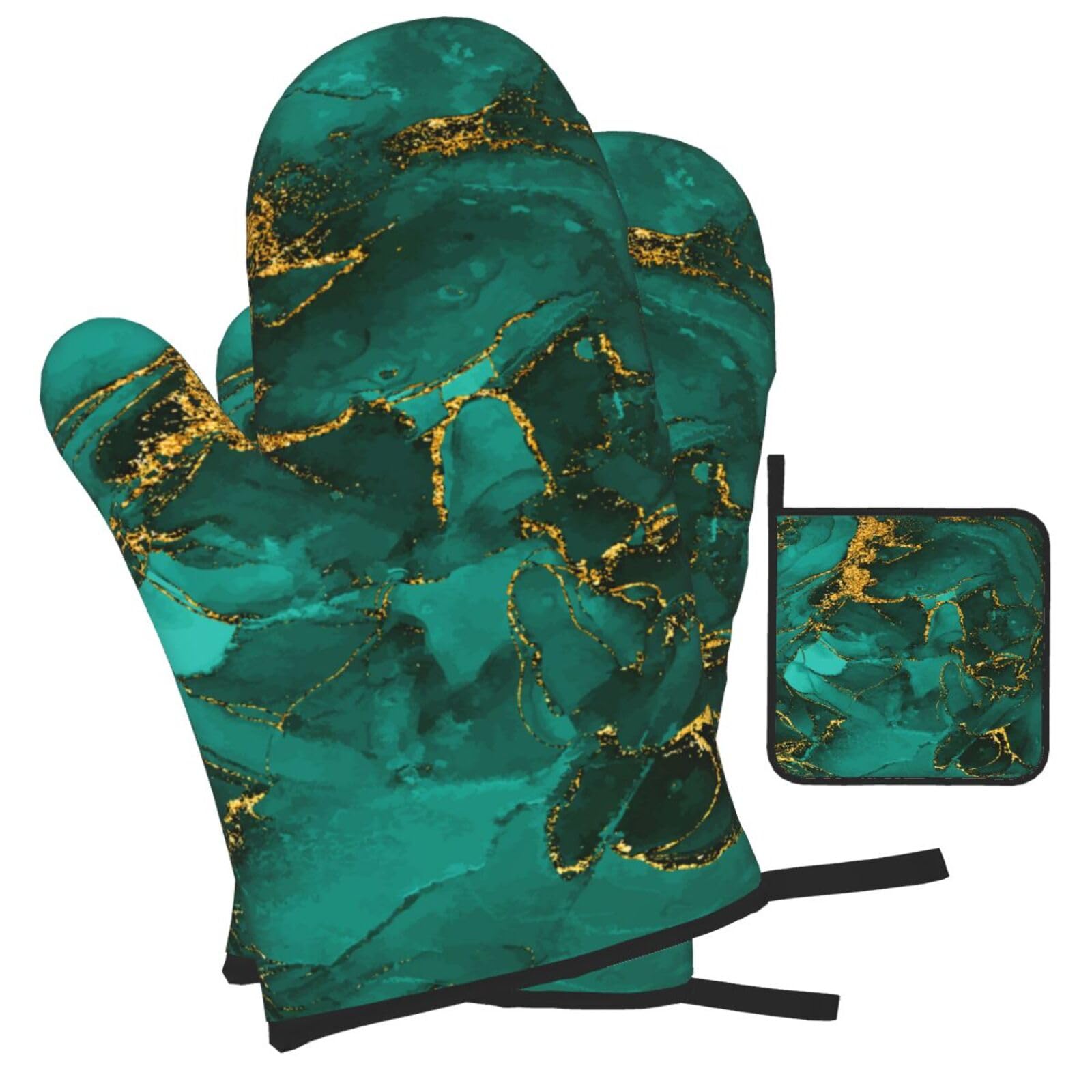 Turquoise Marble Oven Mitts & Pot Holders Set of 3 - Heat Resistant, Non-Slip, Washable Kitchen Accessories for Cooking, Baking, Grilling & BBQ - Perfect for Home Kitchen Decor & Gift Giving