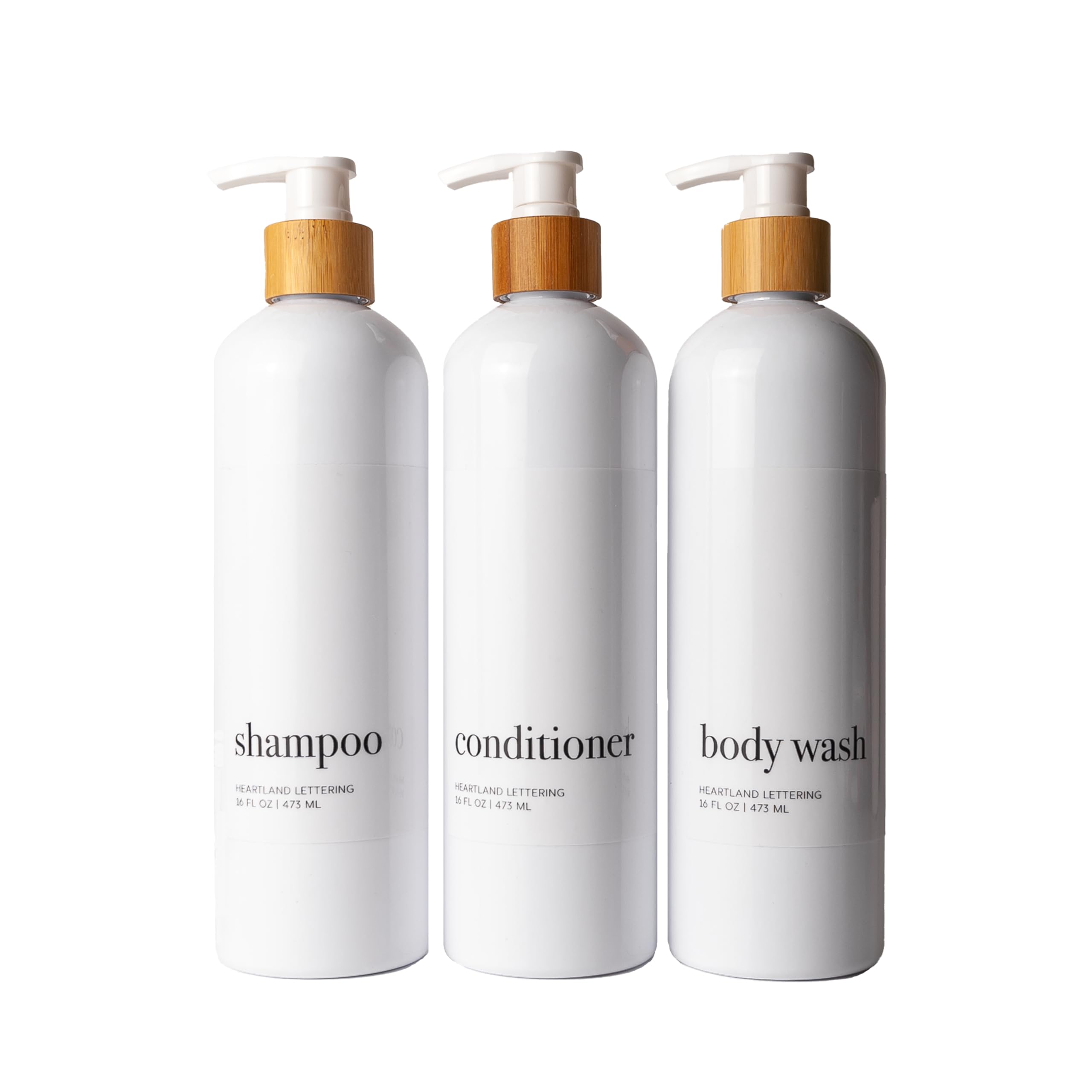 Refillable Shampoo & Conditioner Dispenser Set - 3 Pack Modern Plastic Shower Bottles with Bamboo Pumps & Waterproof Labels | Perfect for Bathroom Organization, Travel & Eco-Friendly Home Use