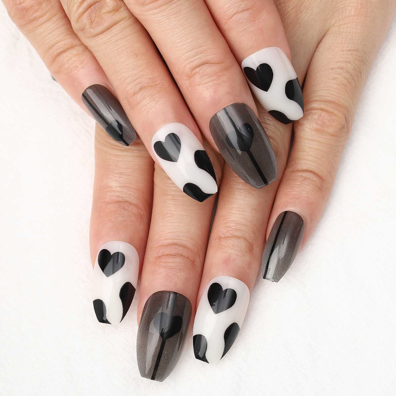 Acenail Press on Nails - Medium Length Glossy Fake Nails with 3D French Tip Designs, 24Pcs Clear Full Cover Acrylic Artificial Nails for Women & Girls (#7 Coffin Heart) - Perfect for Parties, Weddings & Everyday Glam