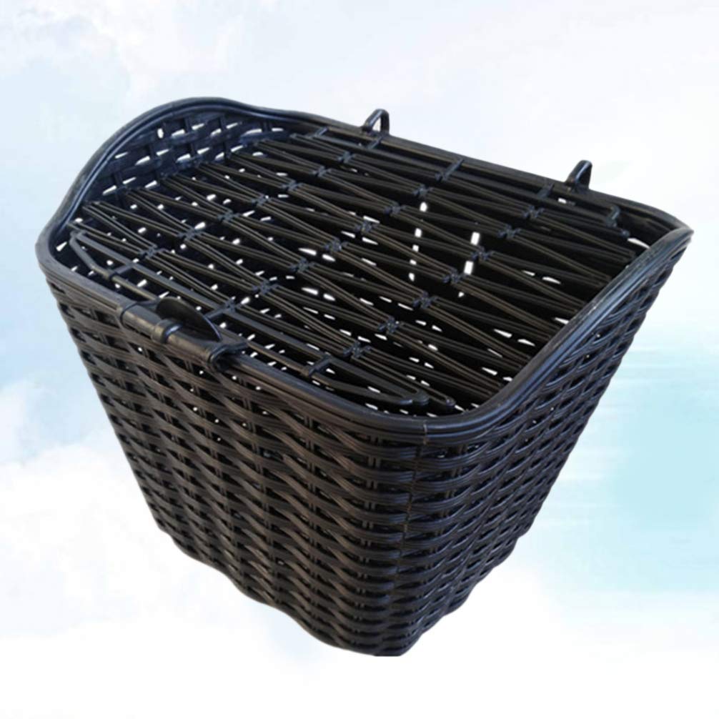 BESPORTBLE Black Plastic Bike Basket - Front Handlebar Basket with Rattan Wicker Design & Cover - Outdoor Cycling Storage Accessory for Commuting, Shopping & Picnics
