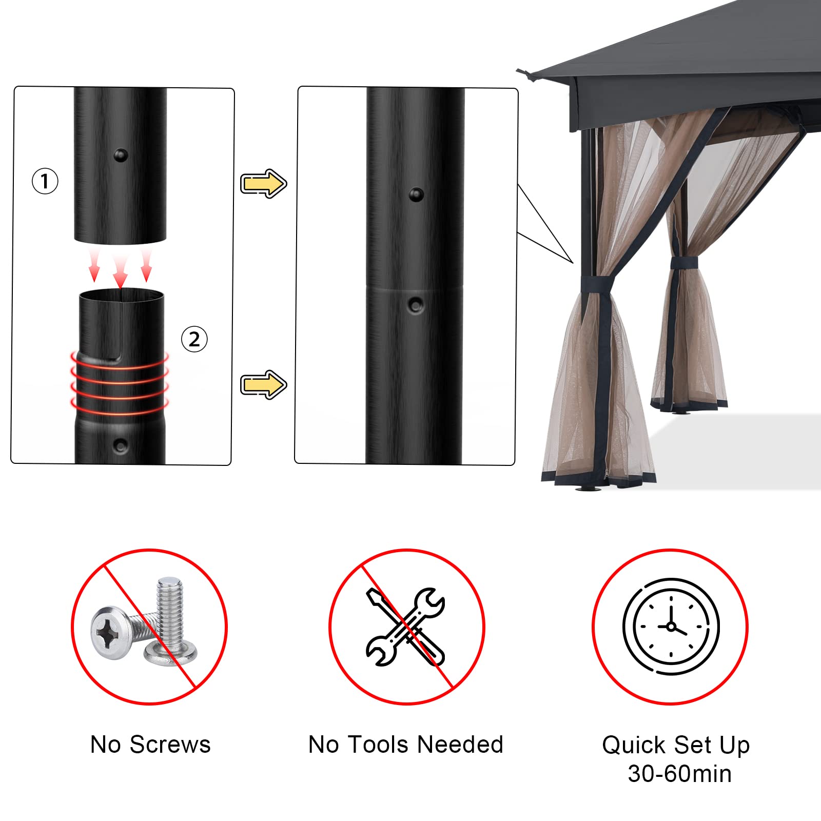 MASTERCANOPY Tool-Free 11x11ft Patio Gazebo with Netting Walls - Easy Screw-Free Installation for Outdoor Garden, Backyard, and Camping (Gray)