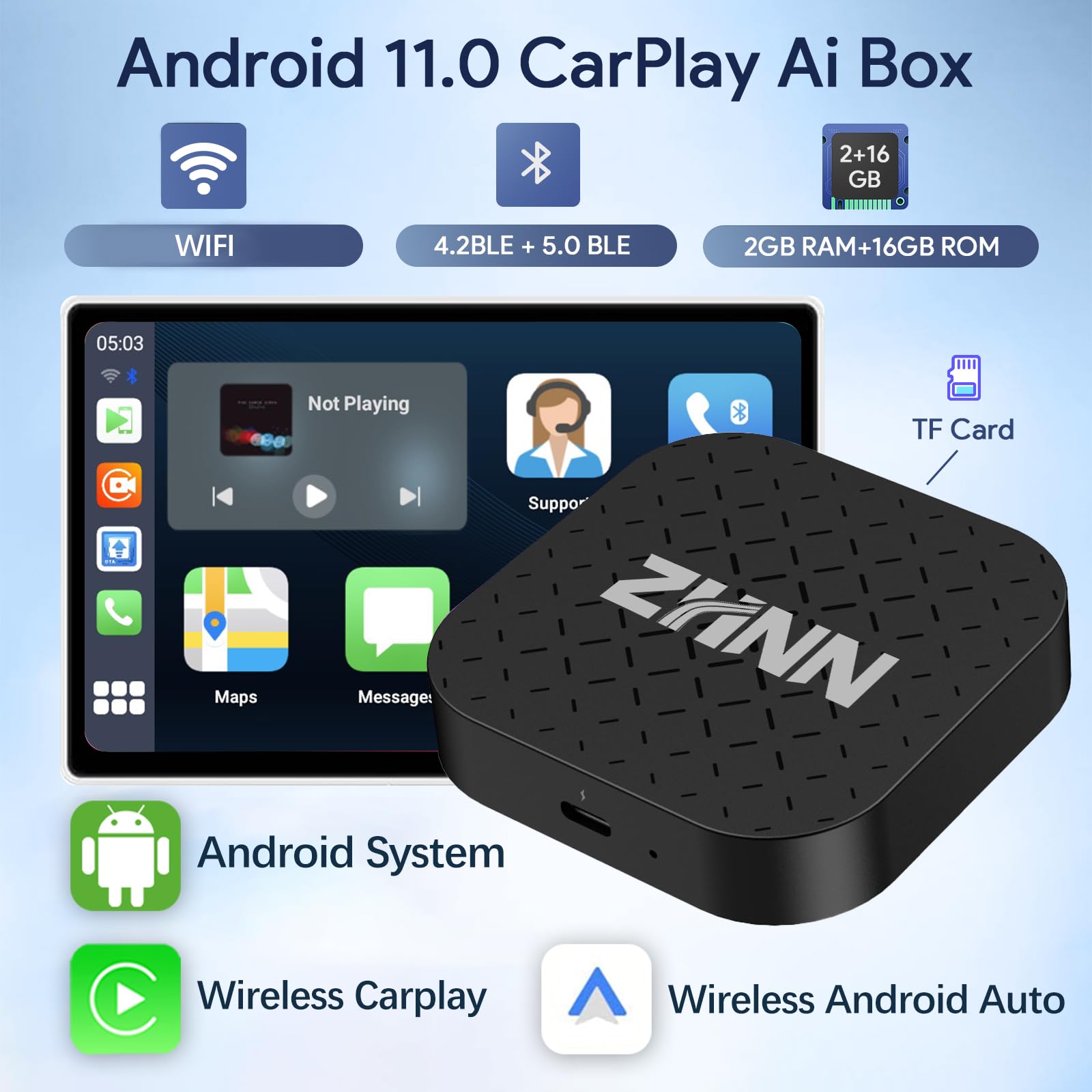 Wireless Android Auto AI Box & CarPlay Video Streaming Device - ZHNN Carplay AI Box for Factory Wired CarPlay, Supports TF Card Slot & Video Playback | Perfect for Long Road Trips, Commuting & In-Car Entertainment