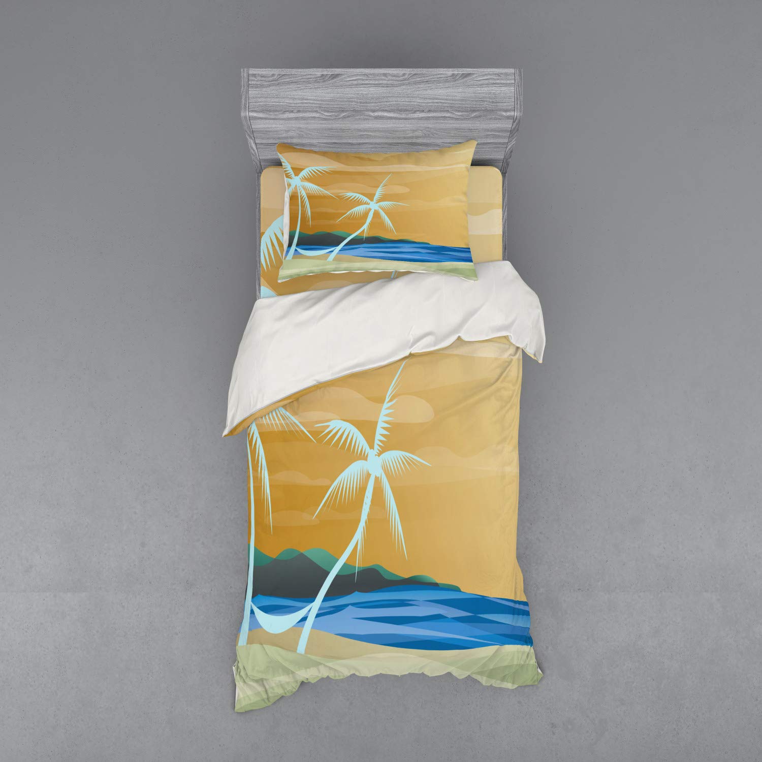 Ambesonne Tropical Beach Duvet Cover Set - 3 Piece Bedding with Sham & Fitted Sheet, Twin Size Navy Cream, Hammock & Ocean Print - Perfect for Coastal Bedrooms, Vacation Homes & Summer Decor