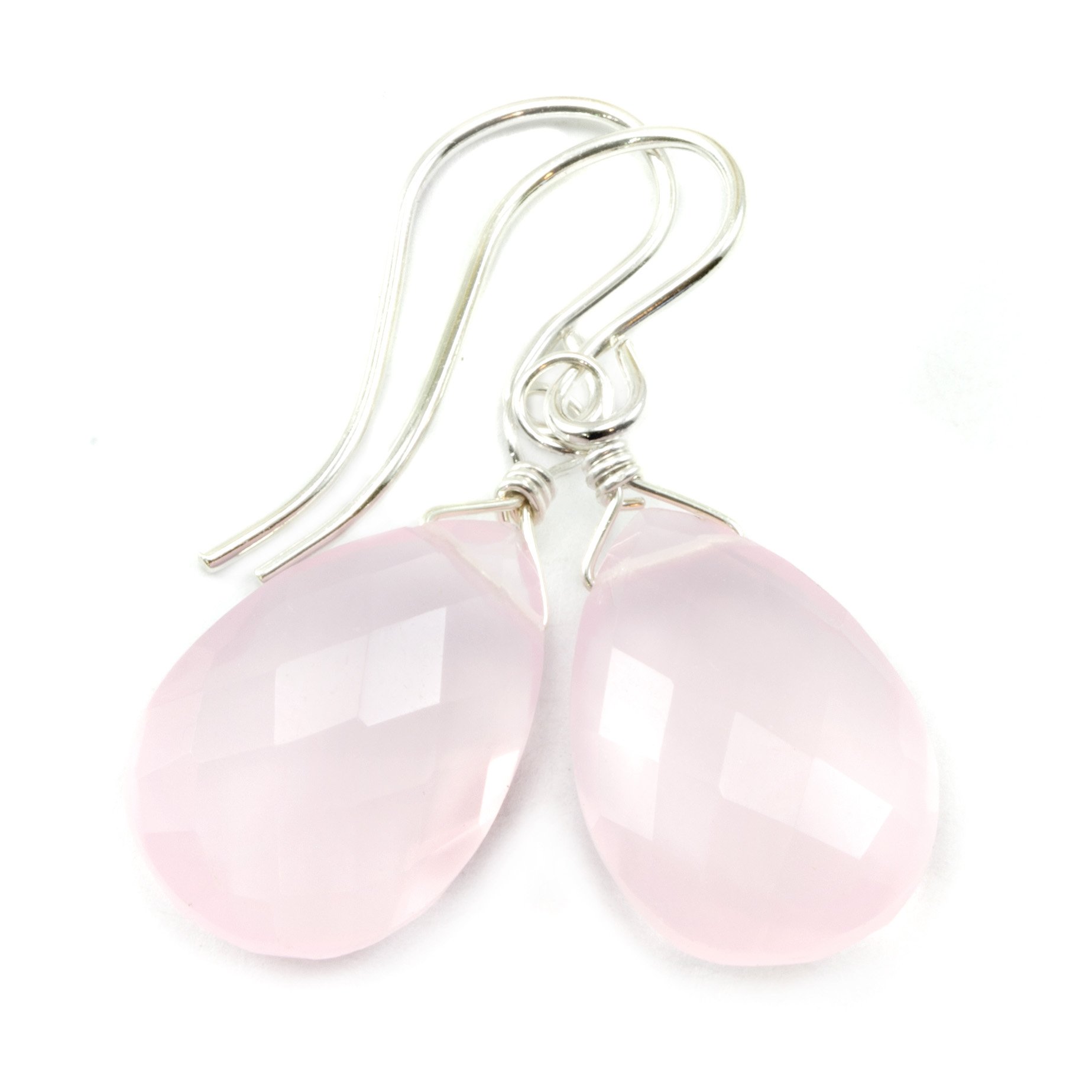 14K Sterling Silver Rose Quartz Earrings - Faceted Pear Teardrop Dangle Briolette for Women | Elegant Jewelry Gift for Valentine's Day, Anniversary & Special Occasions