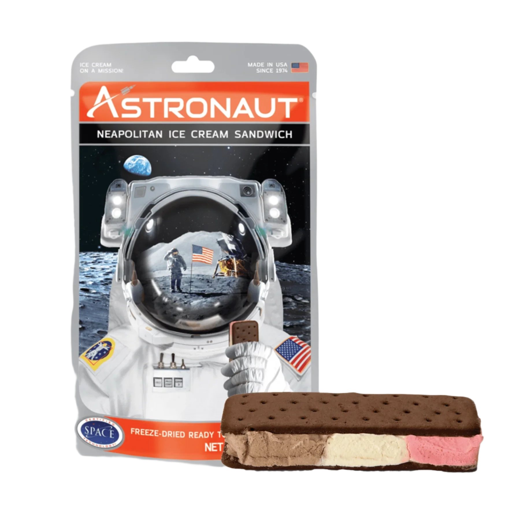 Astronaut Foods Neapolitan Ice Cream Sandwich - Freeze-Dried Space Snack for Camping, Hiking & Emergency Food Storage