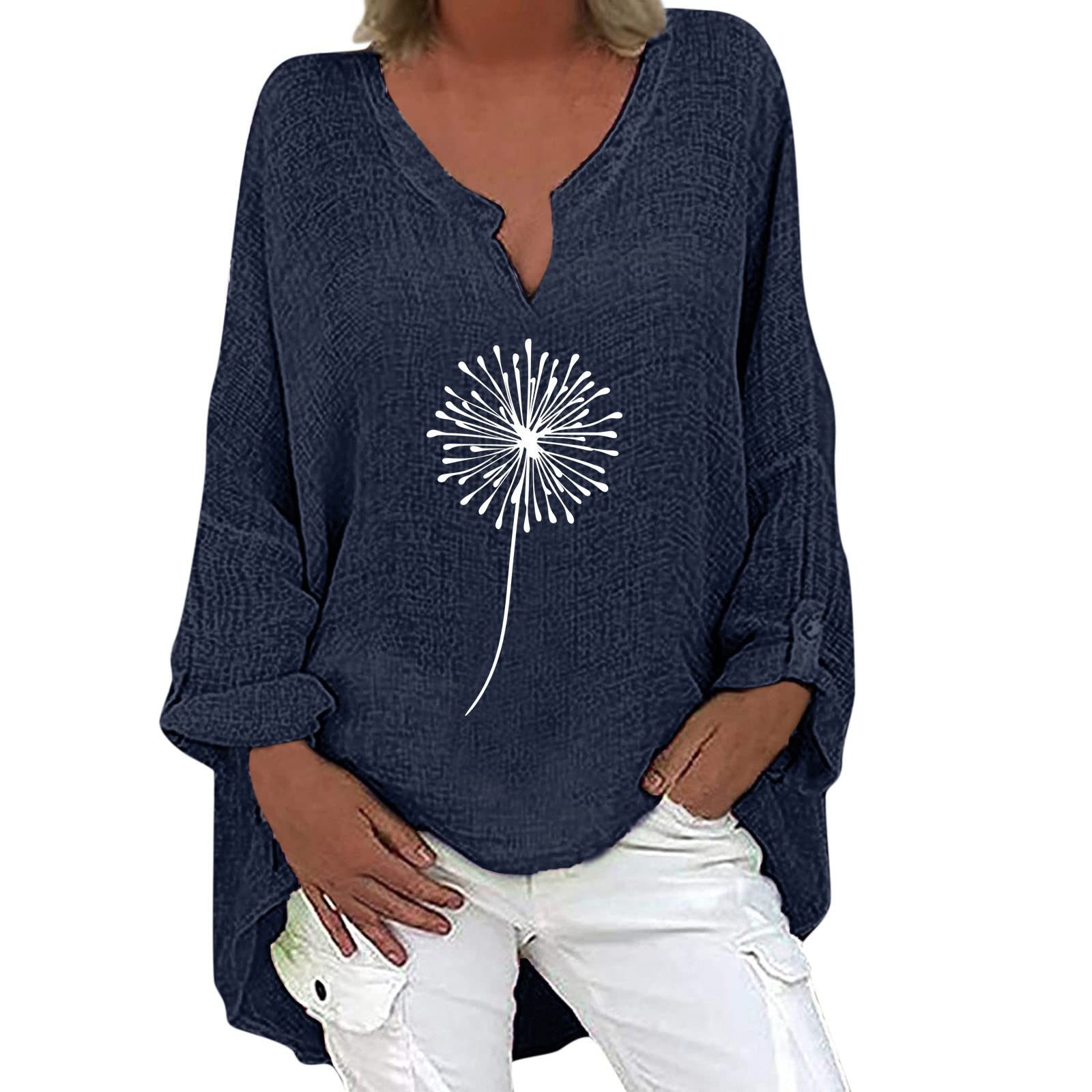 Women's Floral Printed V-Neck Cropped Long Sleeve Tee Shirt with Irregular Hem - Casual Tops for Women | Perfect for Spring Outfits, Date Nights & Streetwear Fashion