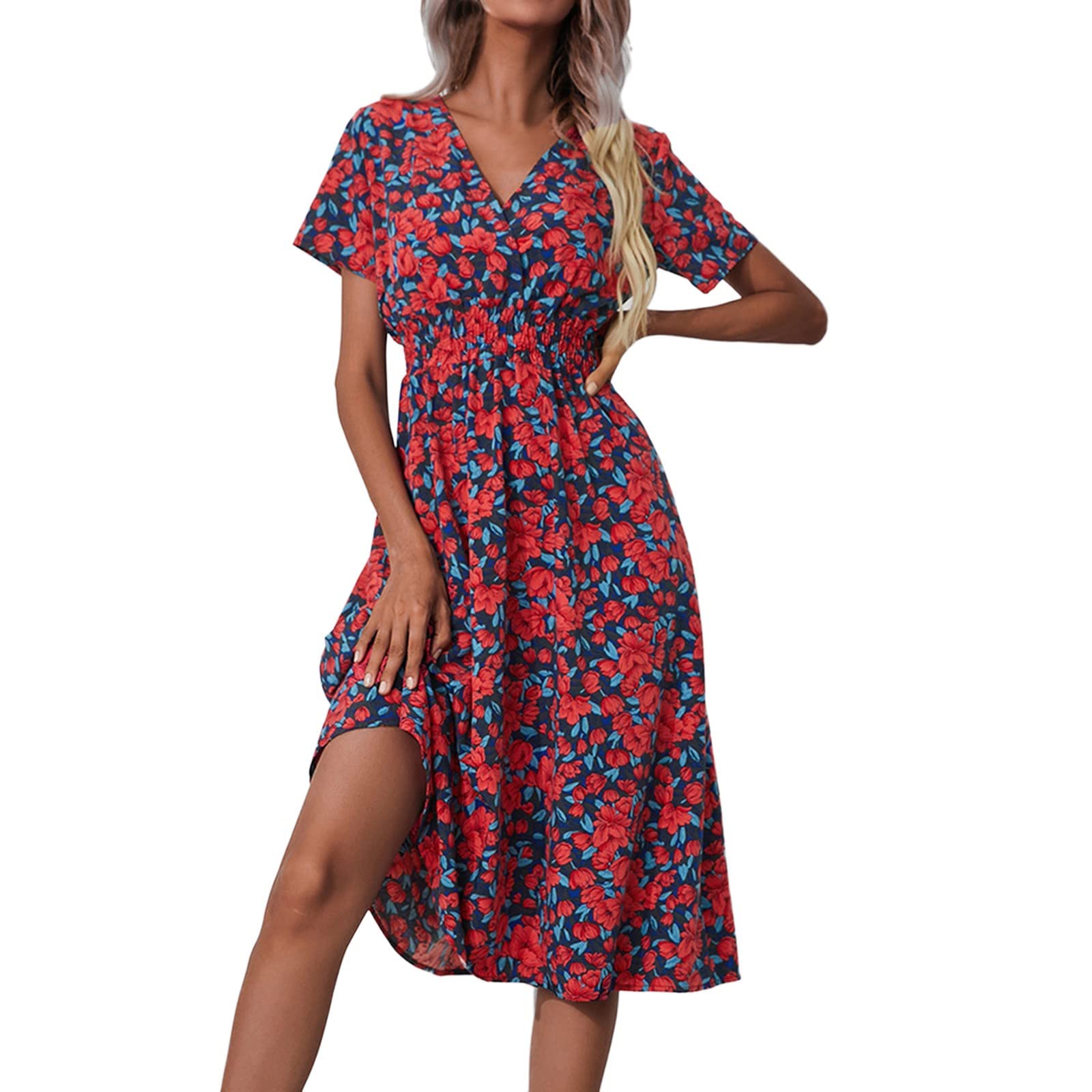 Stylish Red Women's Short Sleeve Button Down Sun Dress with Pockets - Perfect for Summer Outings, Beach Vacations and Casual Date Nights