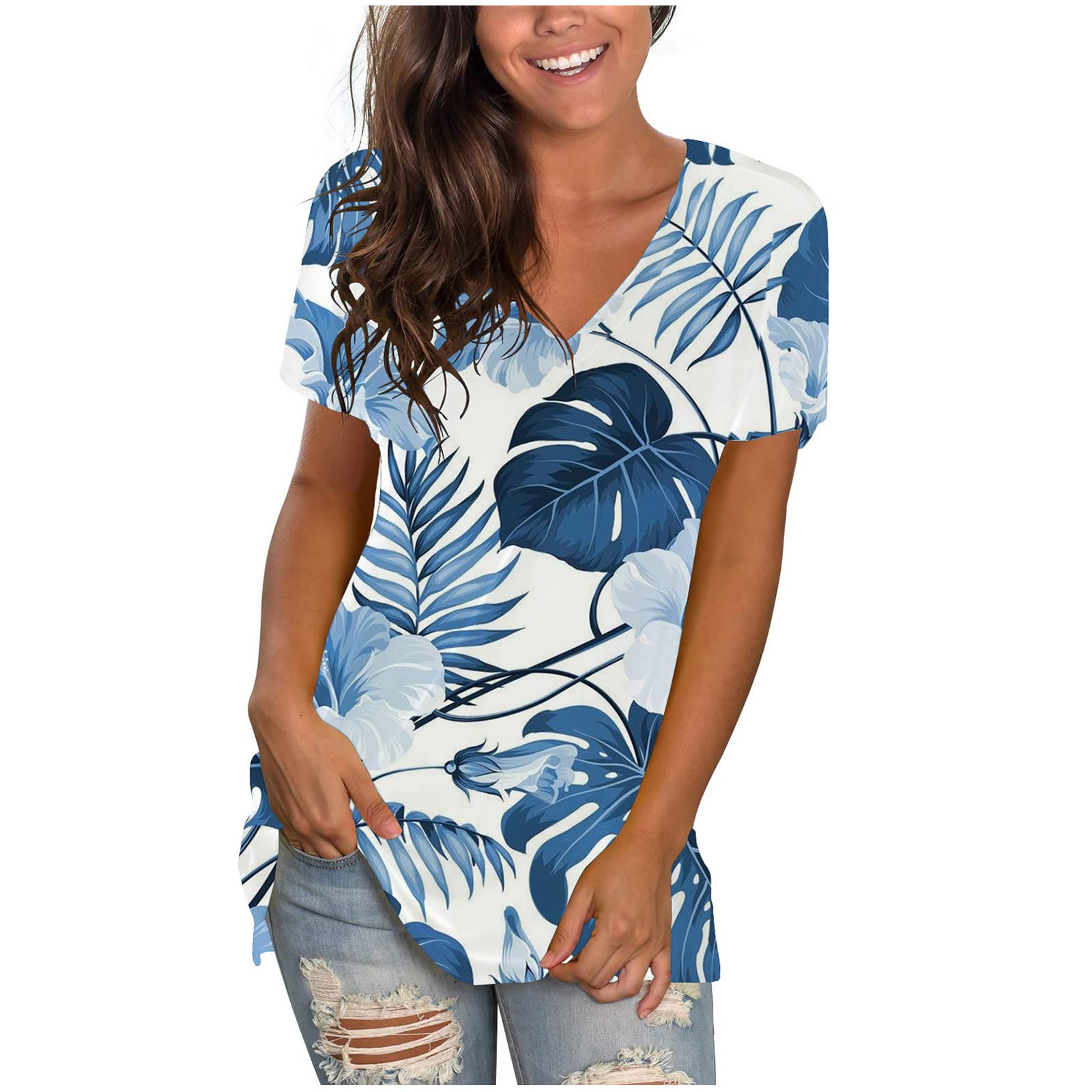Women's Casual Summer Short Sleeve V-Neck T-Shirts - Trendy Floral Print Loose Fit Blouse Tops for Everyday Wear, Beach Outings & Weekend Relaxation