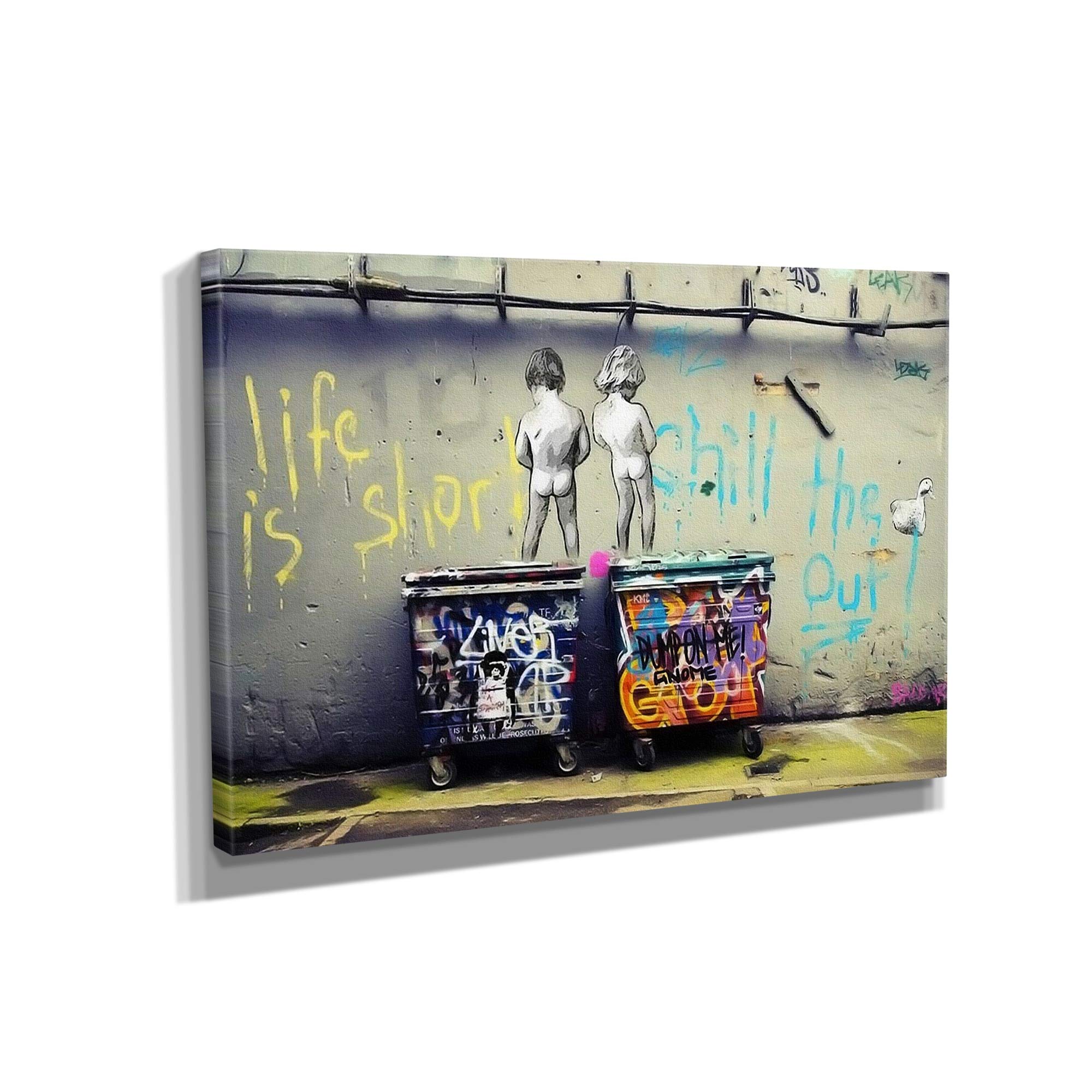 Banksy Peeing Boys 'Life is Short Chill The Duck Out' Street Art Canvas Print - Modern Graffiti Wall Decor for Living Room, Bedroom & Office (36x24 Inches, Gallery Wrapped)
