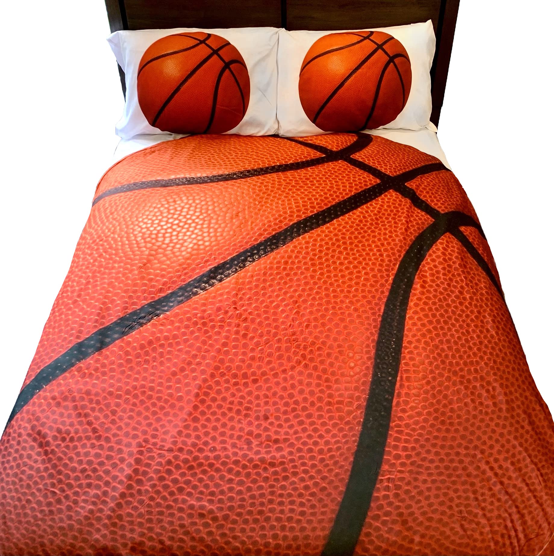 5-Piece Kids Basketball Full Bed Set - Round Comforter, 2 Pillowcases, Sheet Set & Soft Microfiber Flannel Blanket | Perfect for Boys' Bedroom, Sports Theme Decor & Gift for Young Basketball Fans