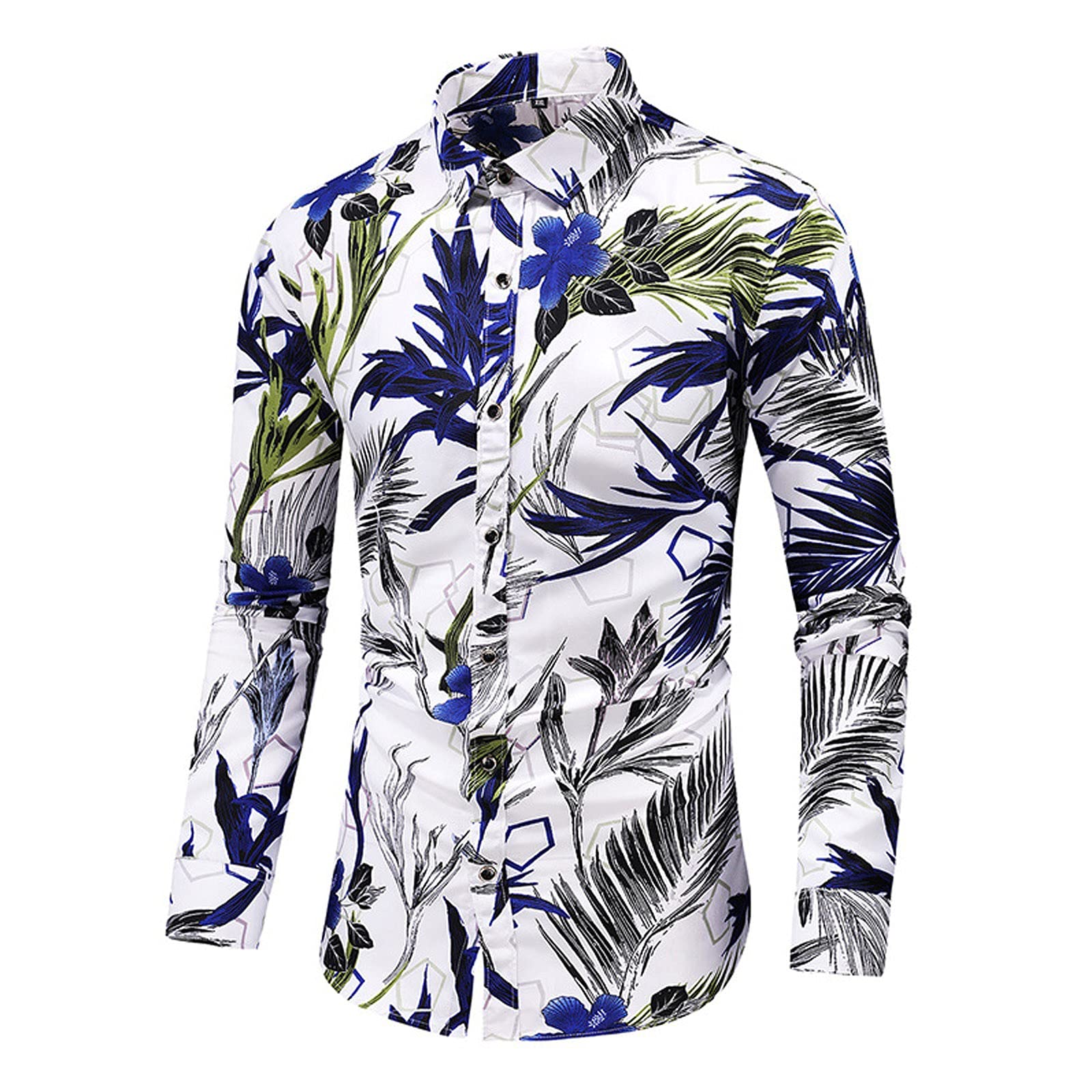 Men's Long Sleeve Printed Lapel Cardigan Button Down Shirt - Floral Casual Navy Blue Combat Shirt for Office, Dating & Outdoor Activities