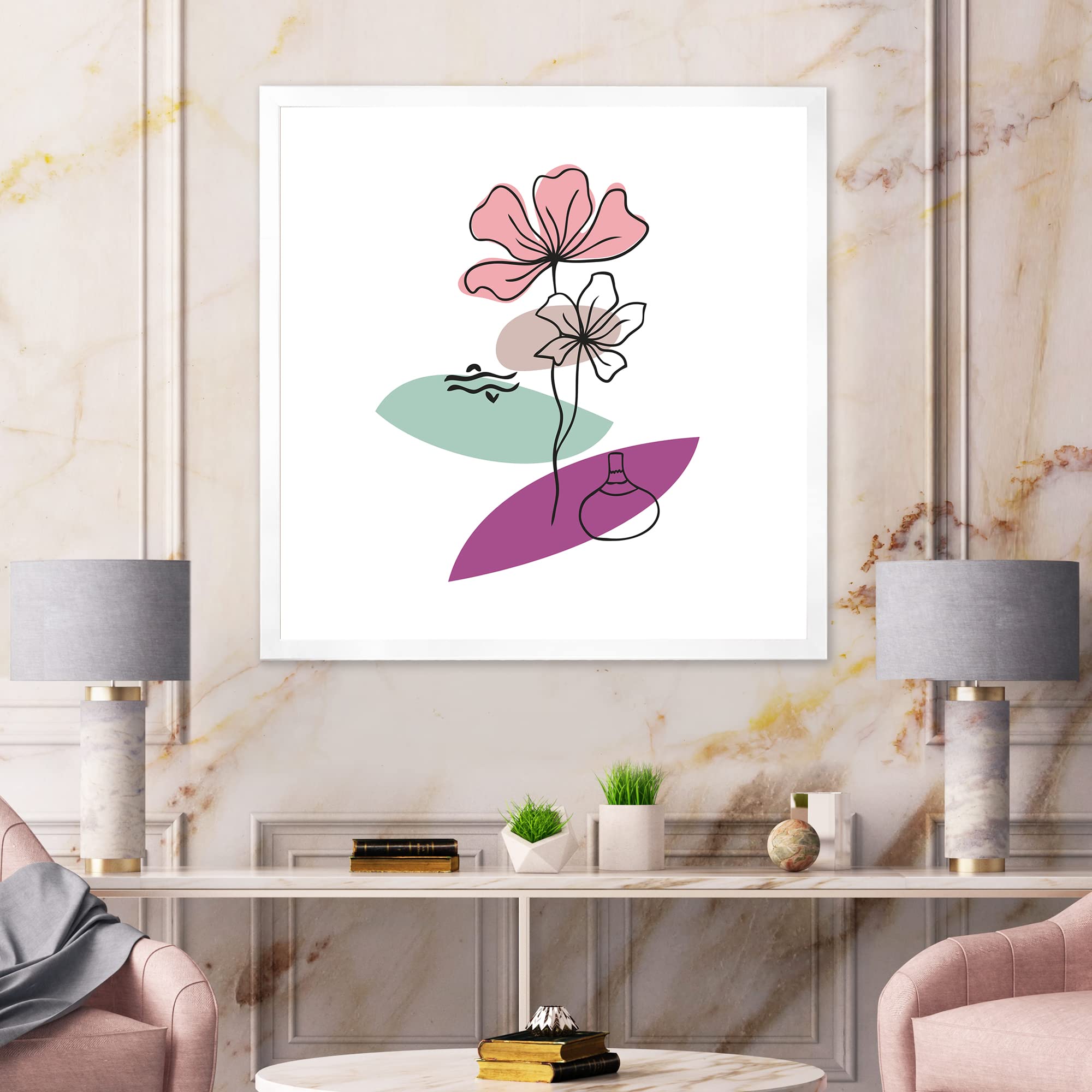 DesignQ Modern Abstract Floral Framed Wall Art with Elementary Shapes - Perfect for Living Room, Bedroom & Office Decor