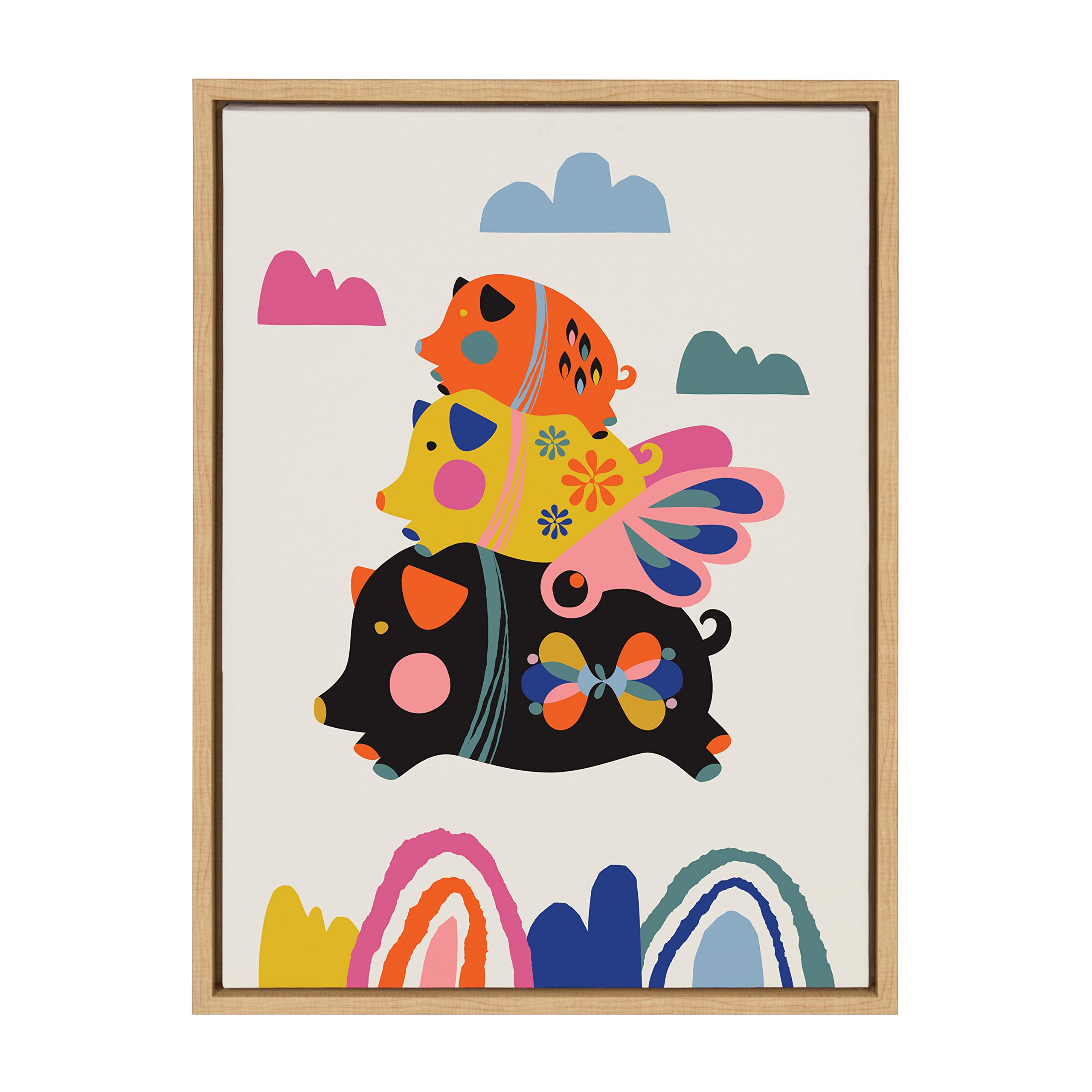 Rachel Lee My Dream Wall Sylvie Flying Pigs Framed Canvas Wall Art - 18x24 Inches Natural Abstract Animal Painting for Living Room, Nursery & Office Decor