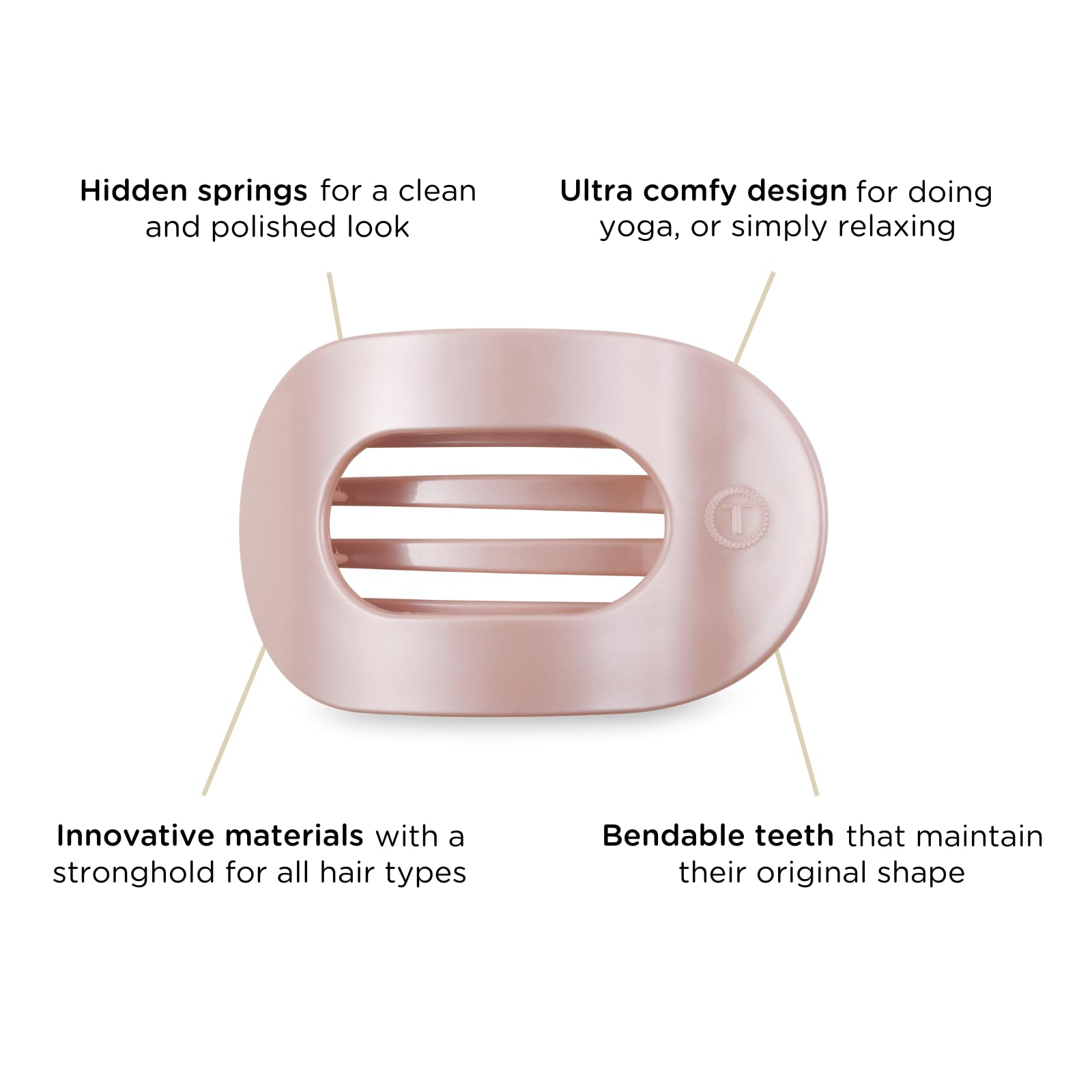TELETIES Medium Flat Round Hair Clips - Strong Grip Bendable Teeth for Medium Hair | Comfortable Curved Design for Yoga, Driving & Lying Down | Spring Collection Pearly Pink | Perfect for Workouts, Office & Everyday Styling