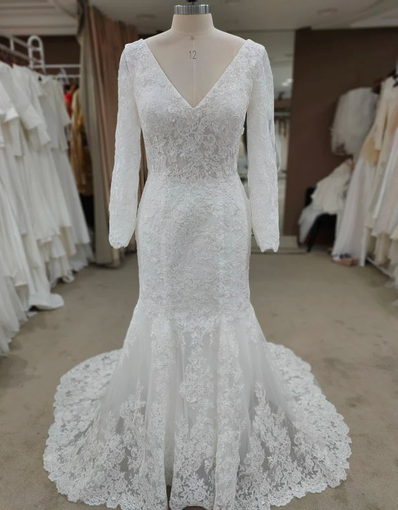 Bohemian Lace Wedding Dress with V-Neck & Long Sleeves | Elegant Boho Bridal Gown for Beach, Garden & Outdoor Ceremonies