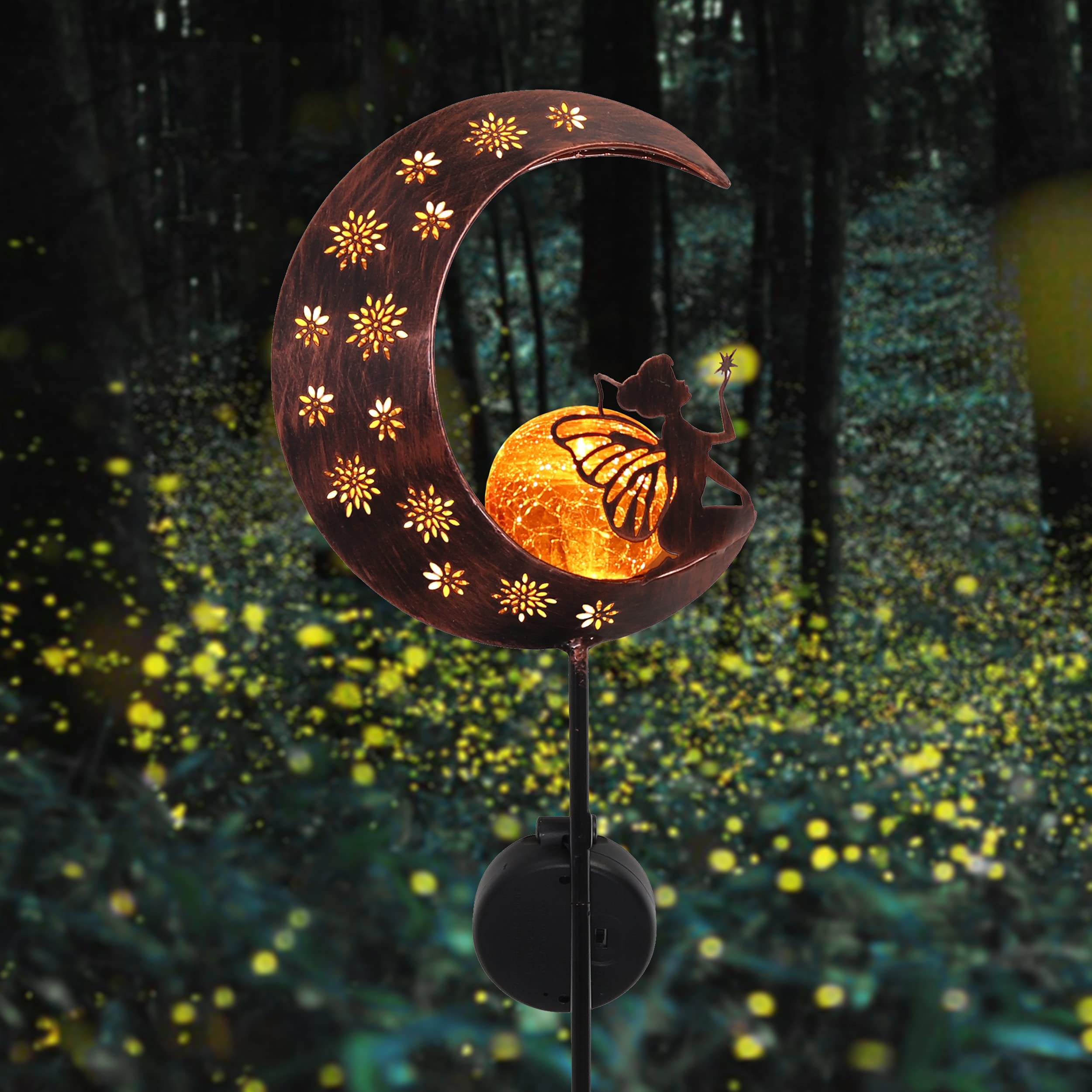 2 Pack Solar Moon Garden Lights - Crackle Glass Ball Metal Stake Lights for Yard, Lawn, Patio Decor | Outdoor Solar Powered Landscape Lighting for Garden, Pathway, Walkway Decoration