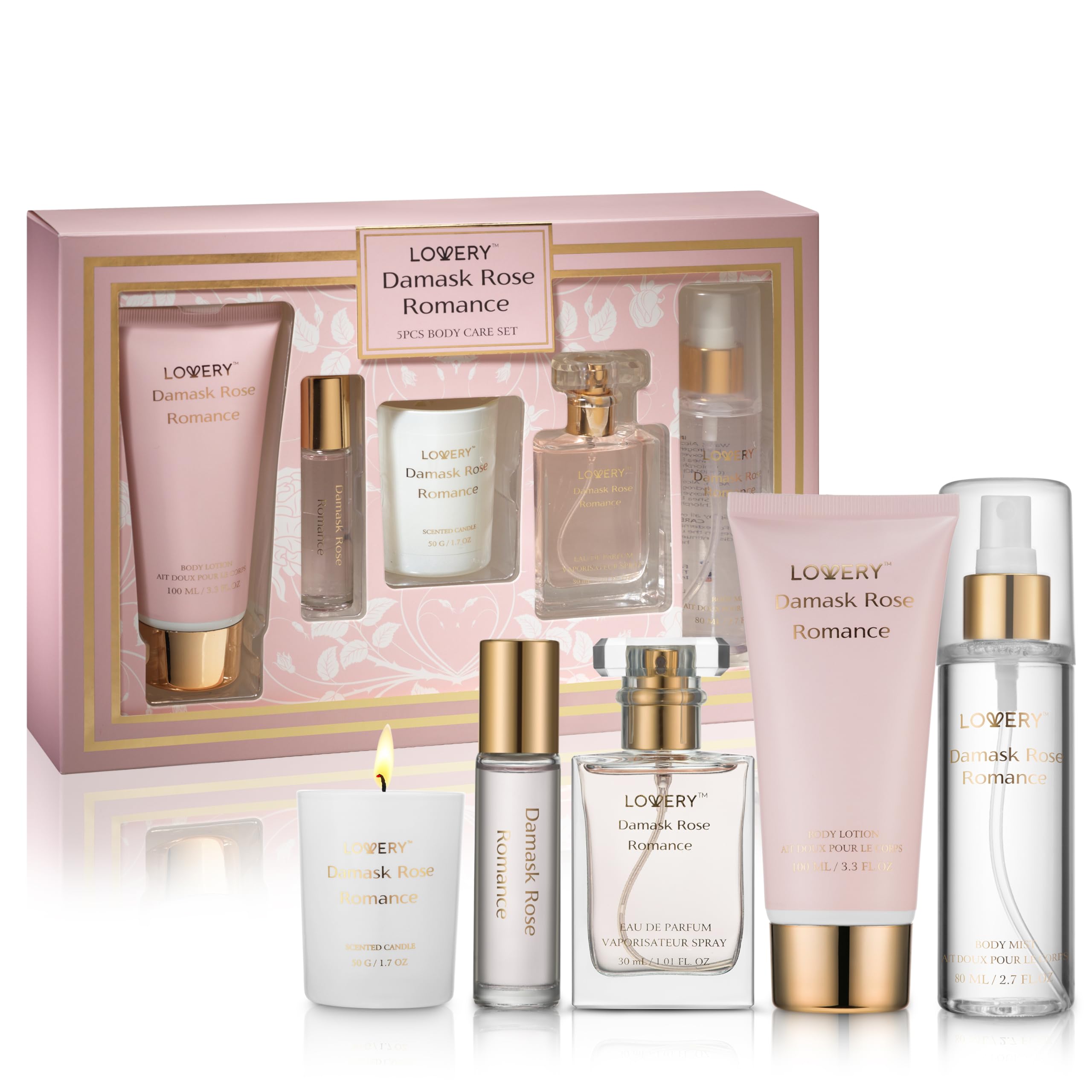 Luxury Damask Rose Spa Gift Set for Women - Soy Candle, Perfume Roll On, Body Lotion & Mist - Perfect Birthday Gift for Mom, Self Care Present - Relaxing Bath & Body Care Kit for Home Spa Days