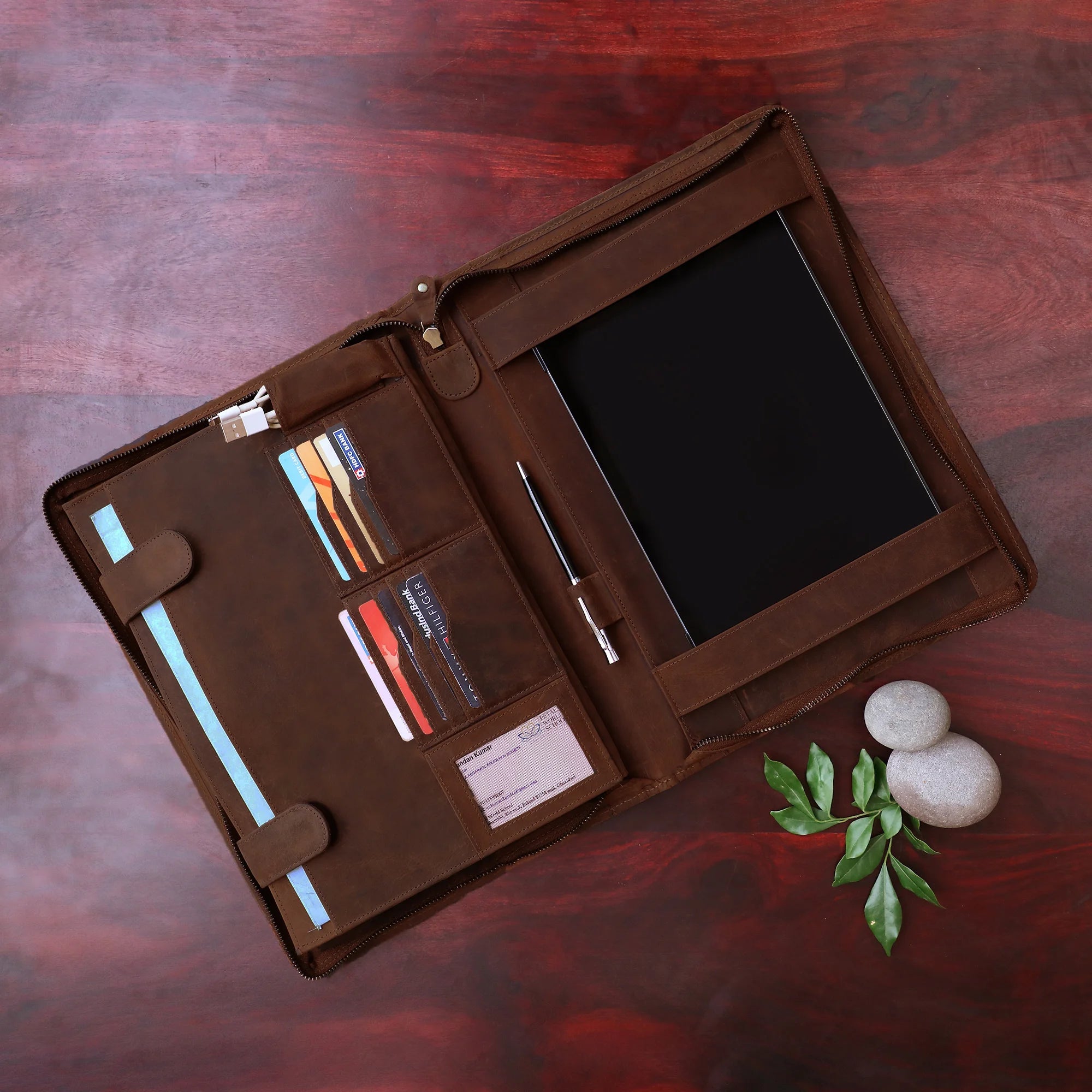 Premium Business Leather Portfolio - Professional Dark Brown Leather Document Holder for Men & Women - Perfect for Office, Meetings, and Business Travel
