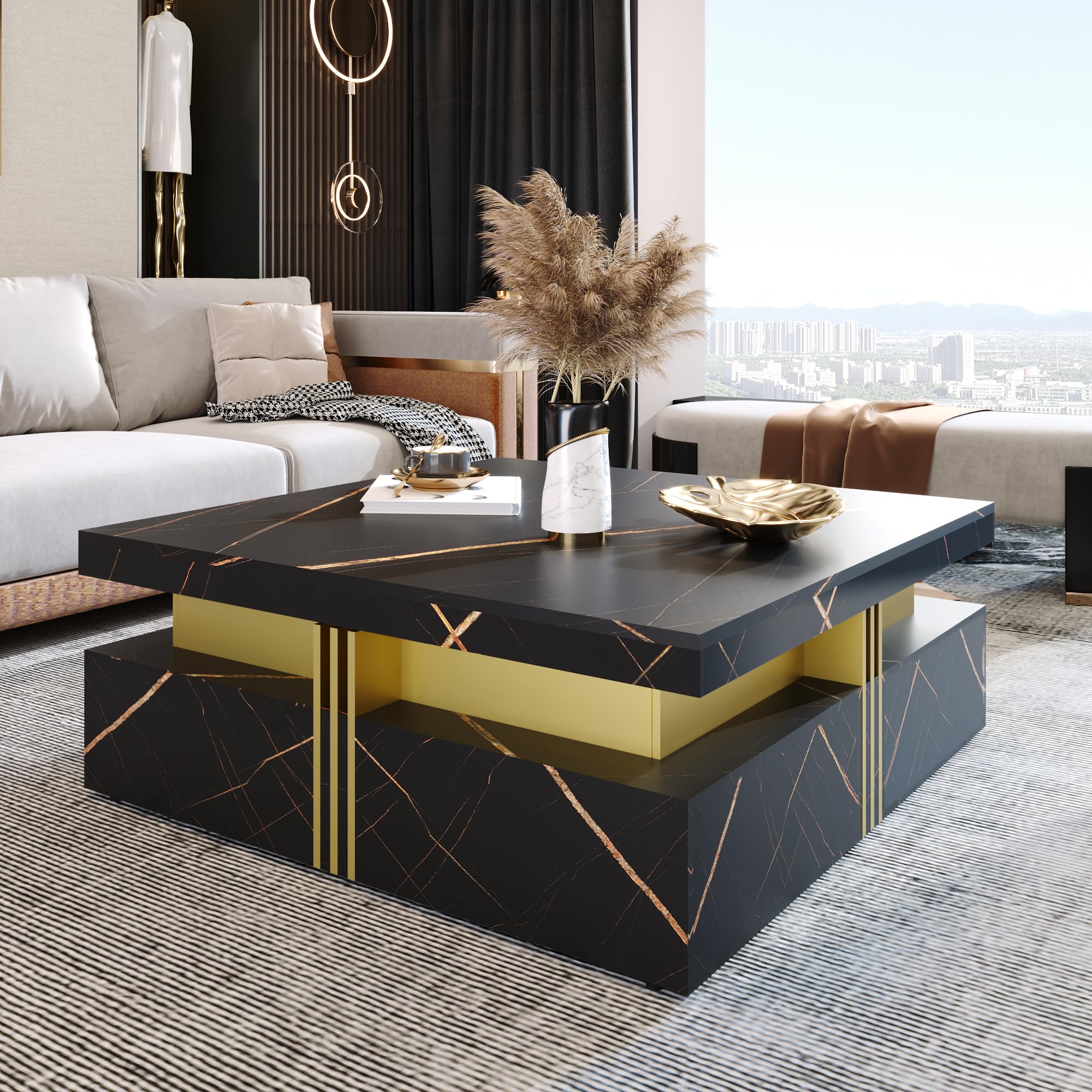 Modern Black & Gold Square Coffee Table with 4 Storage Drawers - Large Wooden Living Room Center Table with Hidden Storage - Perfect for Small Spaces, Apartments & Cozy Home Decor