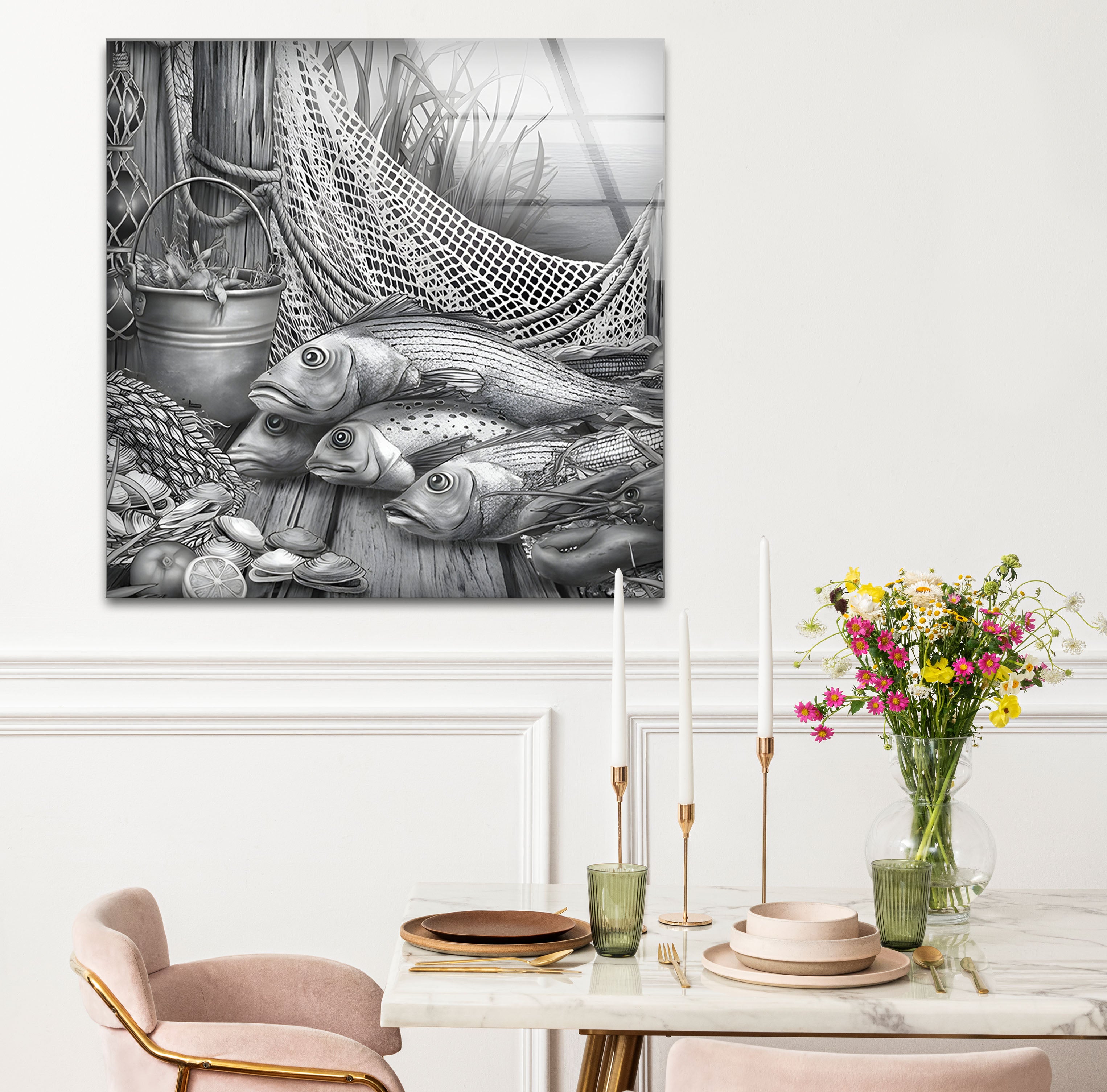Black and White Fish Art Glass Wall Decor - Elegant Ocean-Themed Mural for Living Room, Bedroom & Office