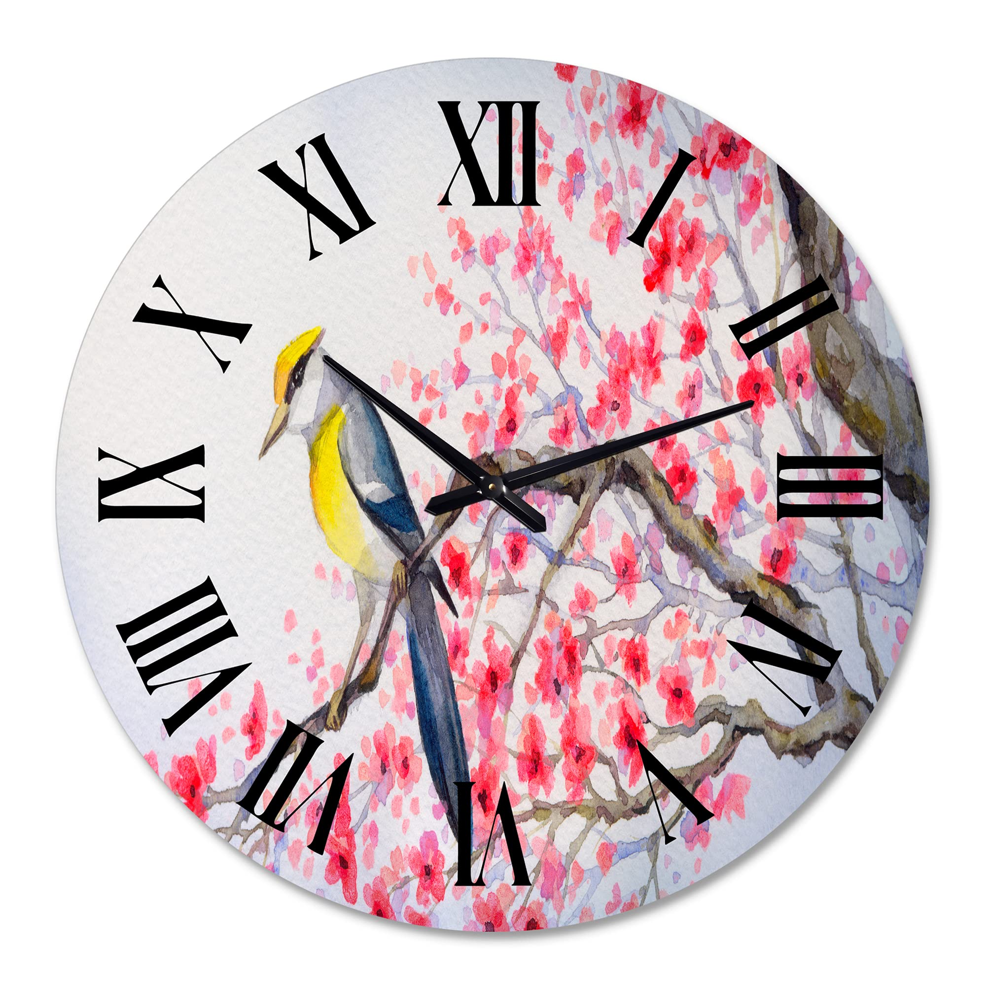 DesignQ Traditional Large Wall Clock - Beautiful Red Bird on Flowering Branch II - Animal-Themed Home Decor for Living Room, Bedroom & Office - Perfect for Farmhouse, Vintage & Rustic Interior Design
