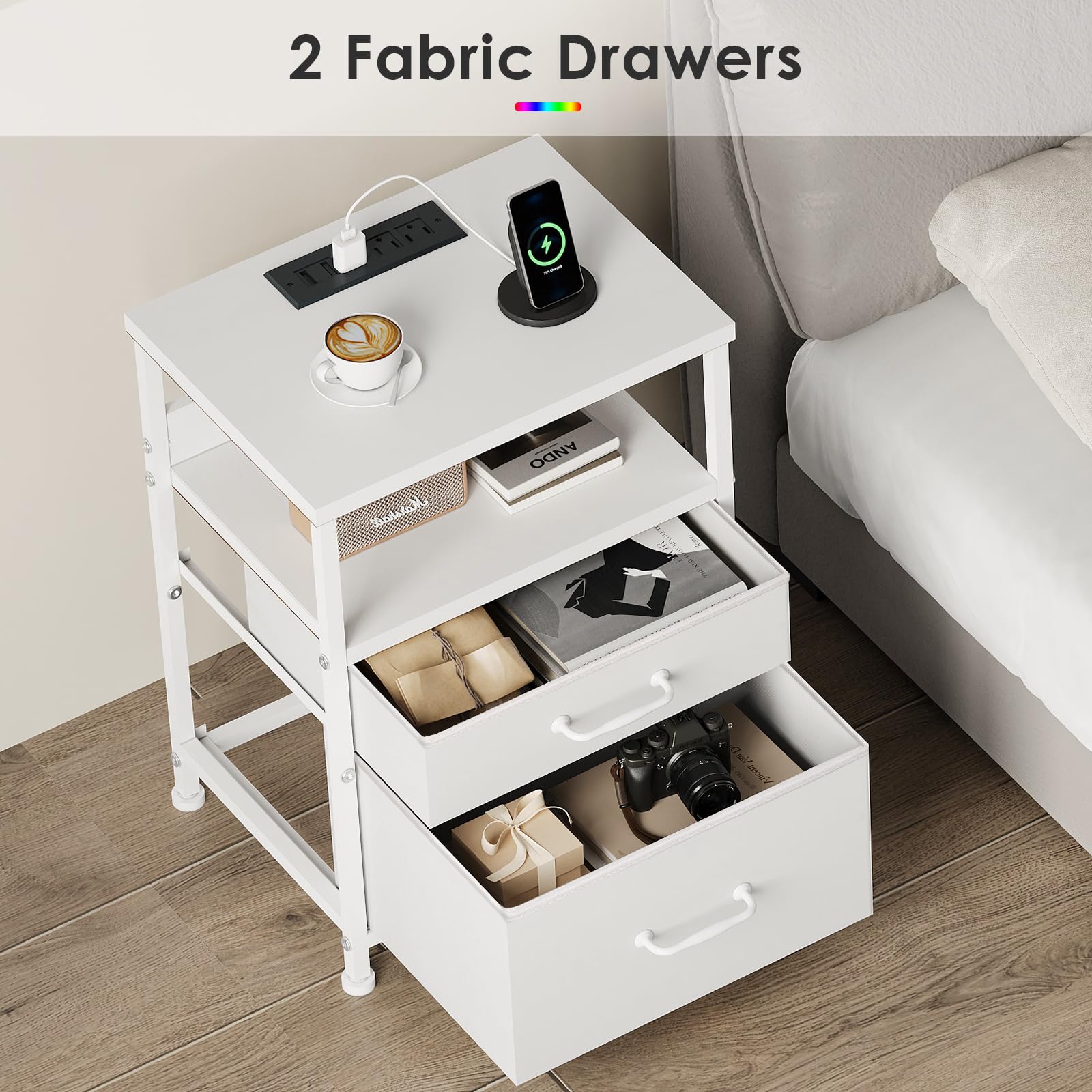 White Nightstand with Charging Station & LED Lights - 2 Fabric Drawers Bedside Table with Open Shelf, Outlets & USB Ports - Modern End Table for Bedroom, Living Room, Office - Perfect for Phone Charging, Reading & Storage